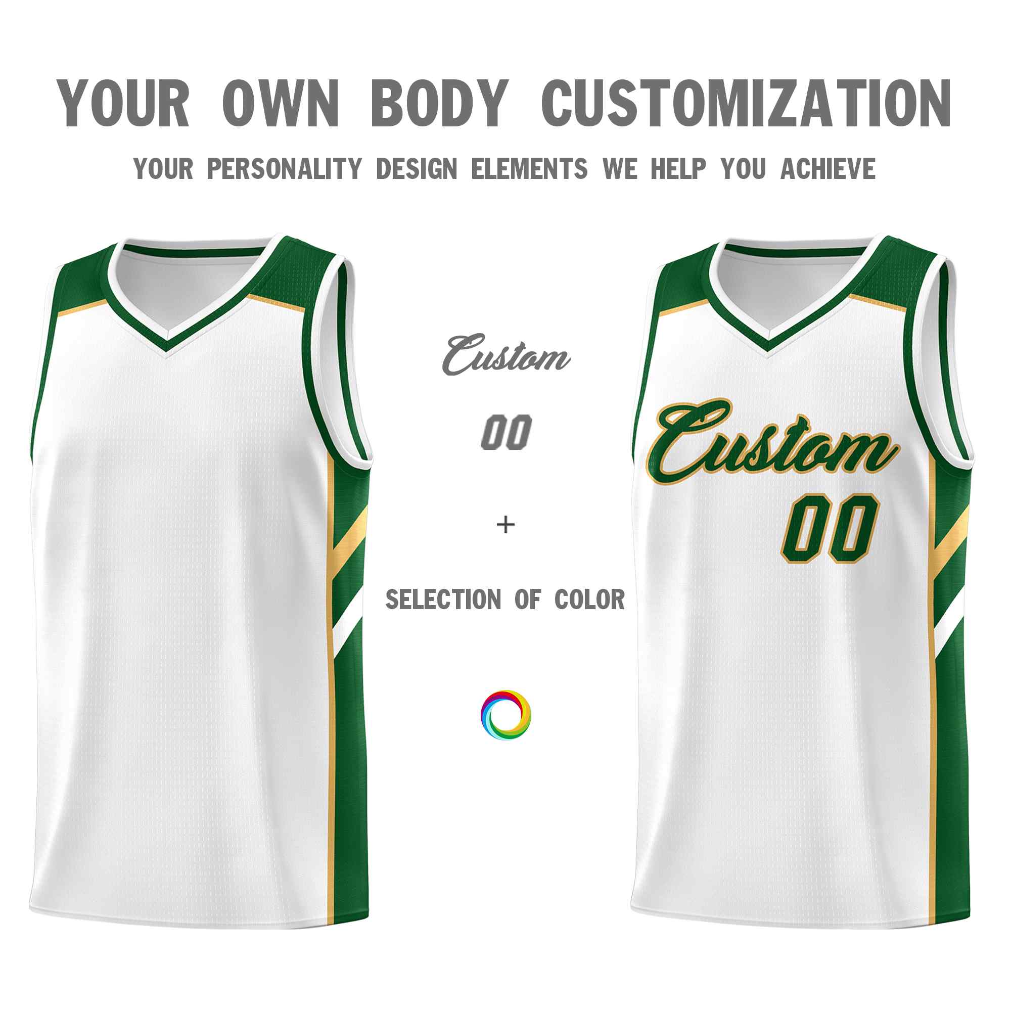 Custom White Green-Old Gold Classic Sets Sports Uniform Basketball Jersey