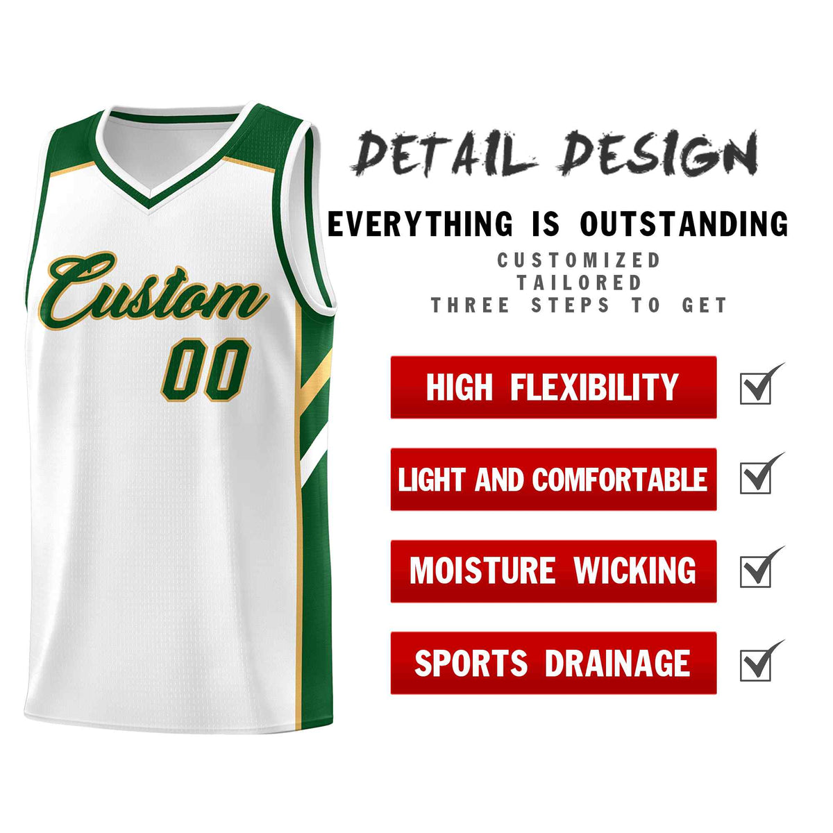 Custom White Green-Old Gold Classic Sets Sports Uniform Basketball Jersey