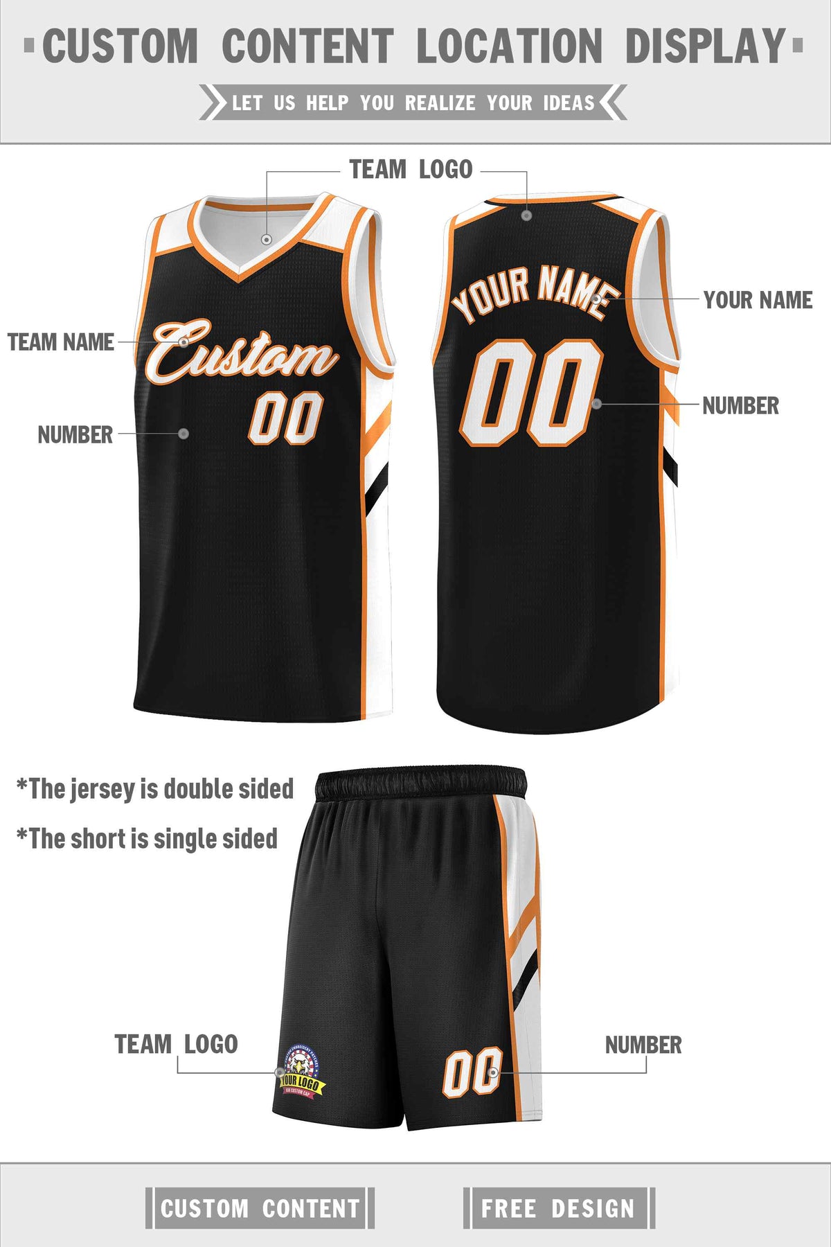 Custom Black White-Orange Classic Sets Sports Uniform Basketball Jersey