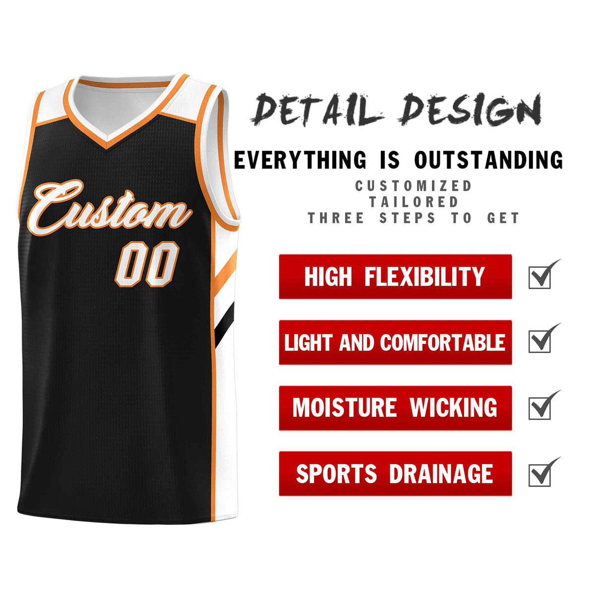 Custom Black White-Orange Classic Sets Sports Uniform Basketball Jersey