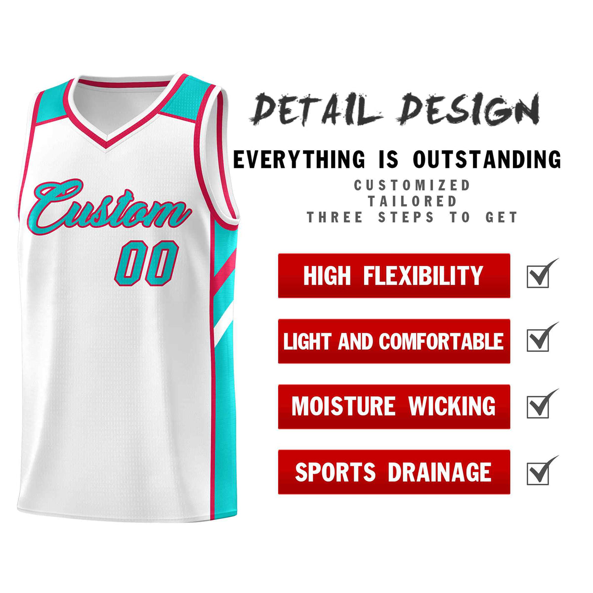 Custom White Aqua-Red Classic Sets Sports Uniform Basketball Jersey