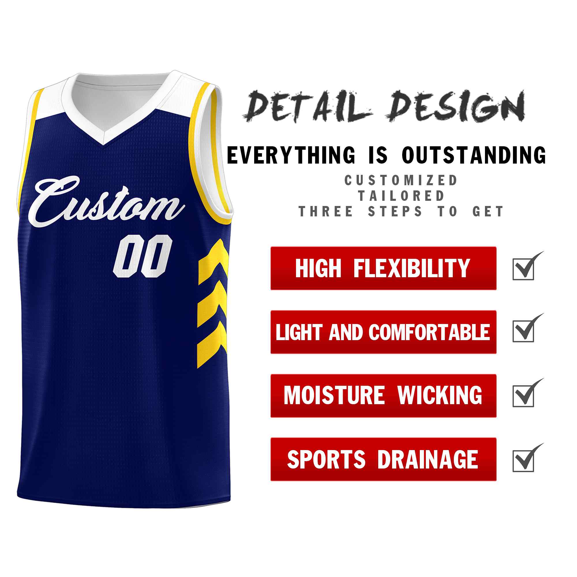Maillot de basket-ball classique bleu marine et blanc personnalisé