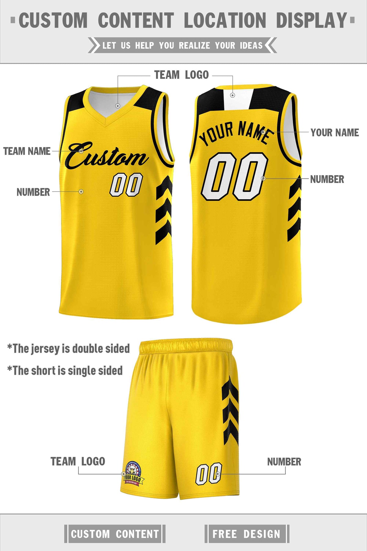 Custom Yellow Black Classic Kits Sports Uniform Basketball Jersey