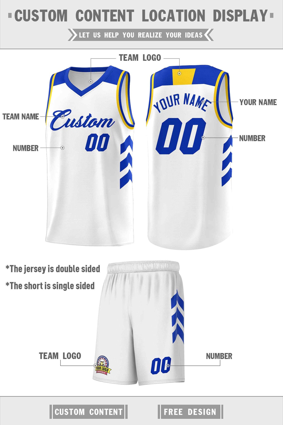 Custom White Royal Classic Kits Sports Uniform Basketball Jersey