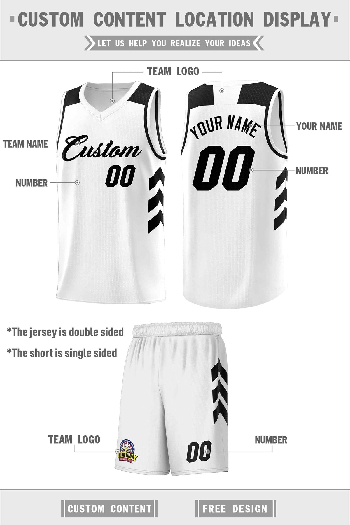 Custom White Black Classic Kits Sports Uniform Basketball Jersey