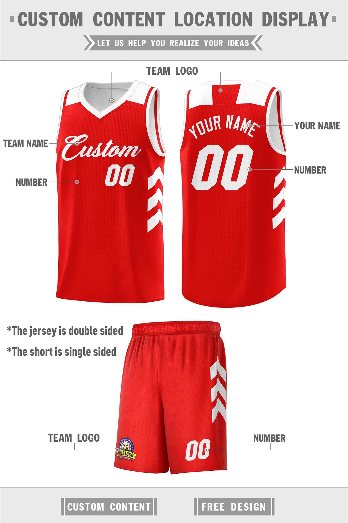 Custom Red White Classic Kits Sports Uniform Basketball Jersey