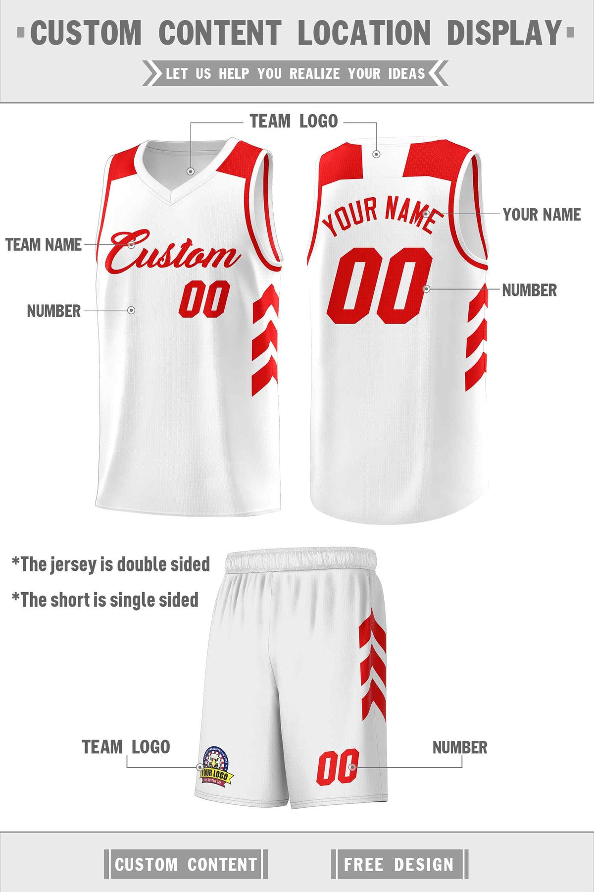 Custom White Red Classic Kits Sports Uniform Basketball Jersey
