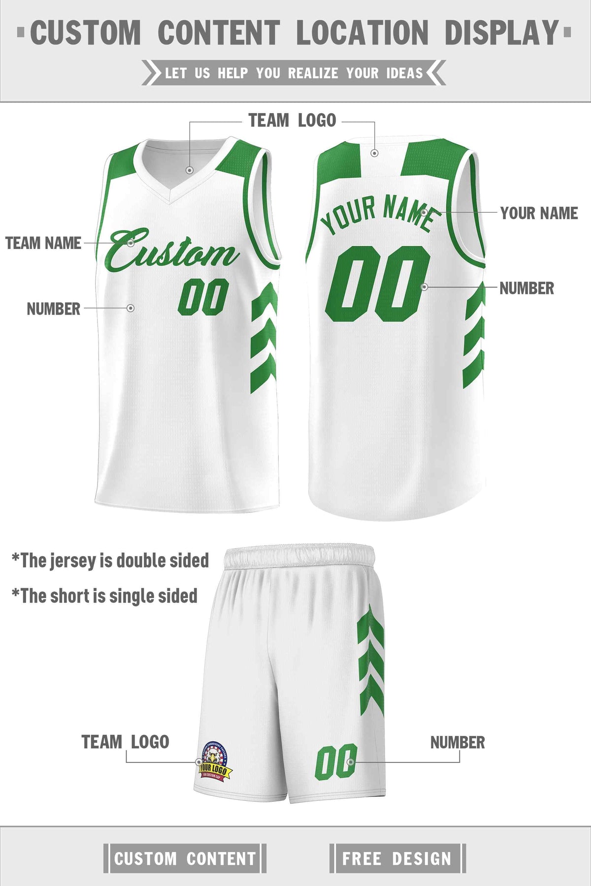 Custom White Green Classic Kits Sports Uniform Basketball Jersey