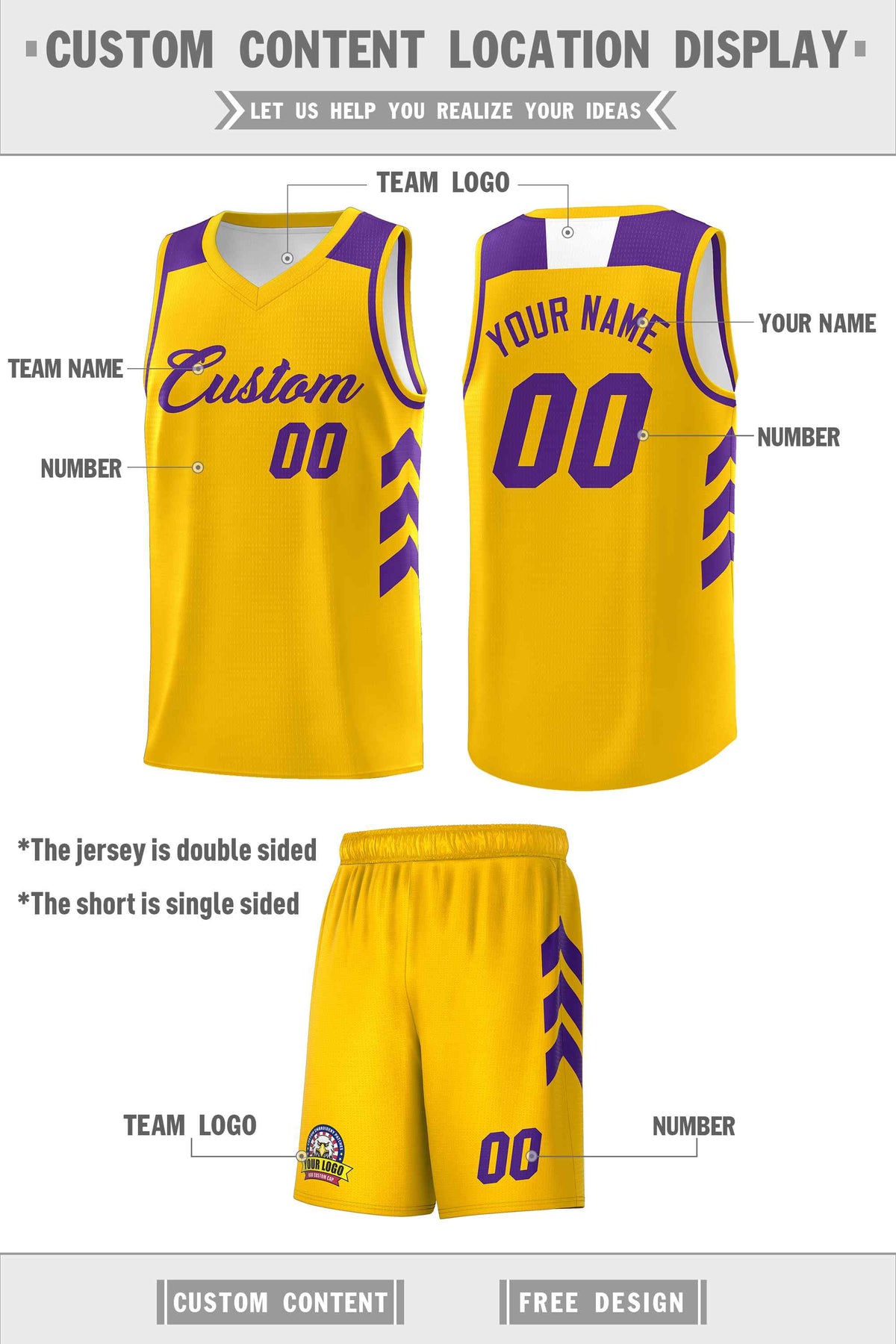 Custom Yellow Purple Classic Kits Sports Uniform Basketball Jersey