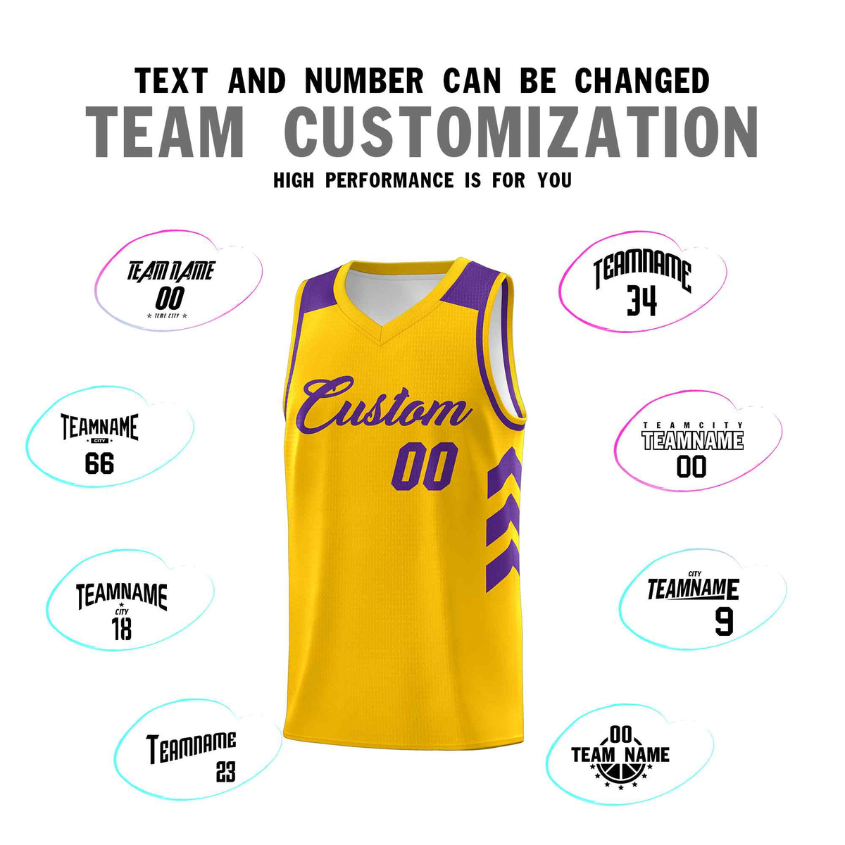 Custom Yellow Purple Classic Kits Sports Uniform Basketball Jersey