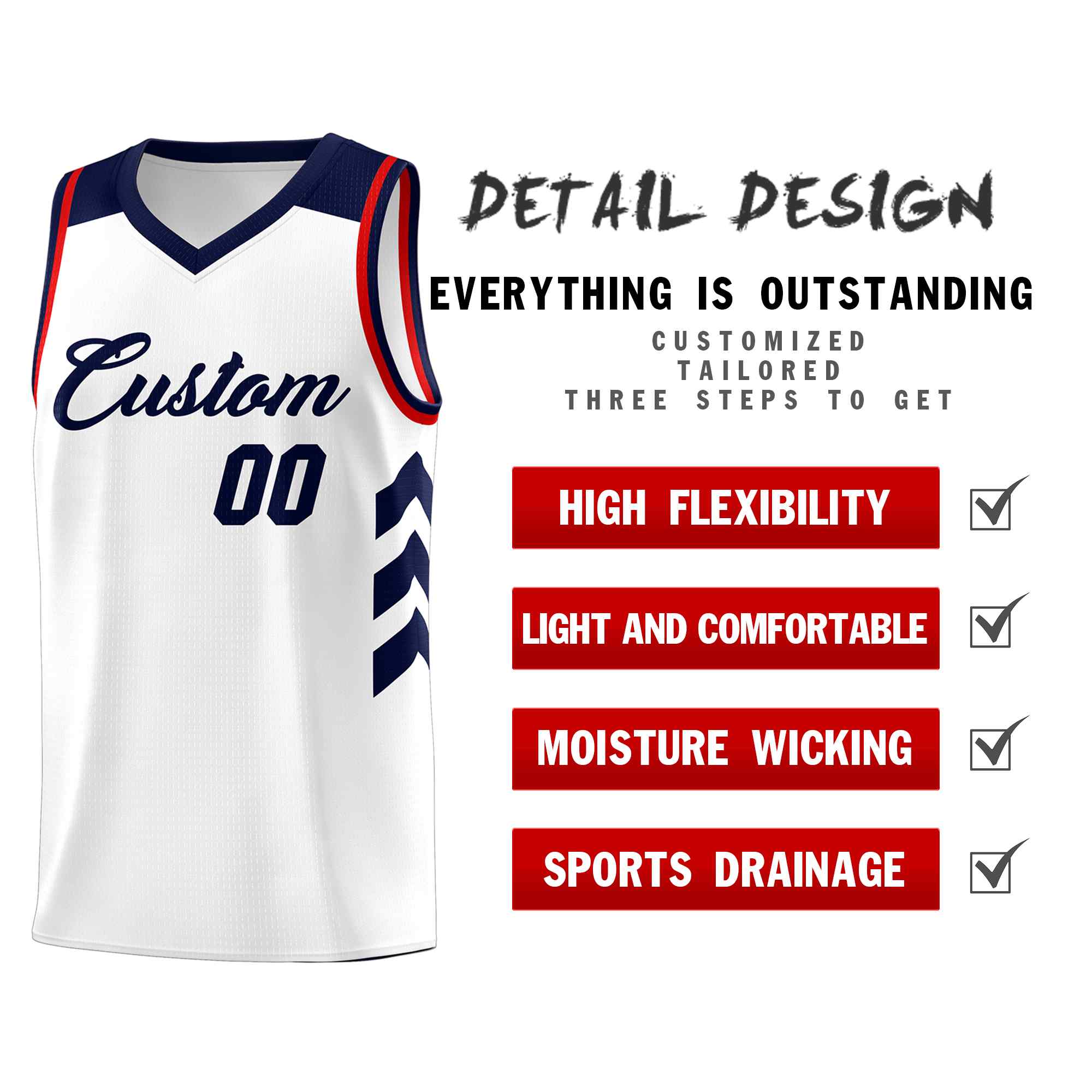 Maillot de basket-ball personnalisé blanc bleu marine classique