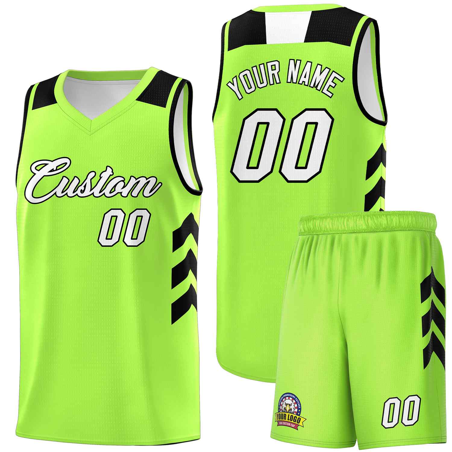 Maillot de basket-ball personnalisé vert fluo, blanc et noir, uniforme sportif classique
