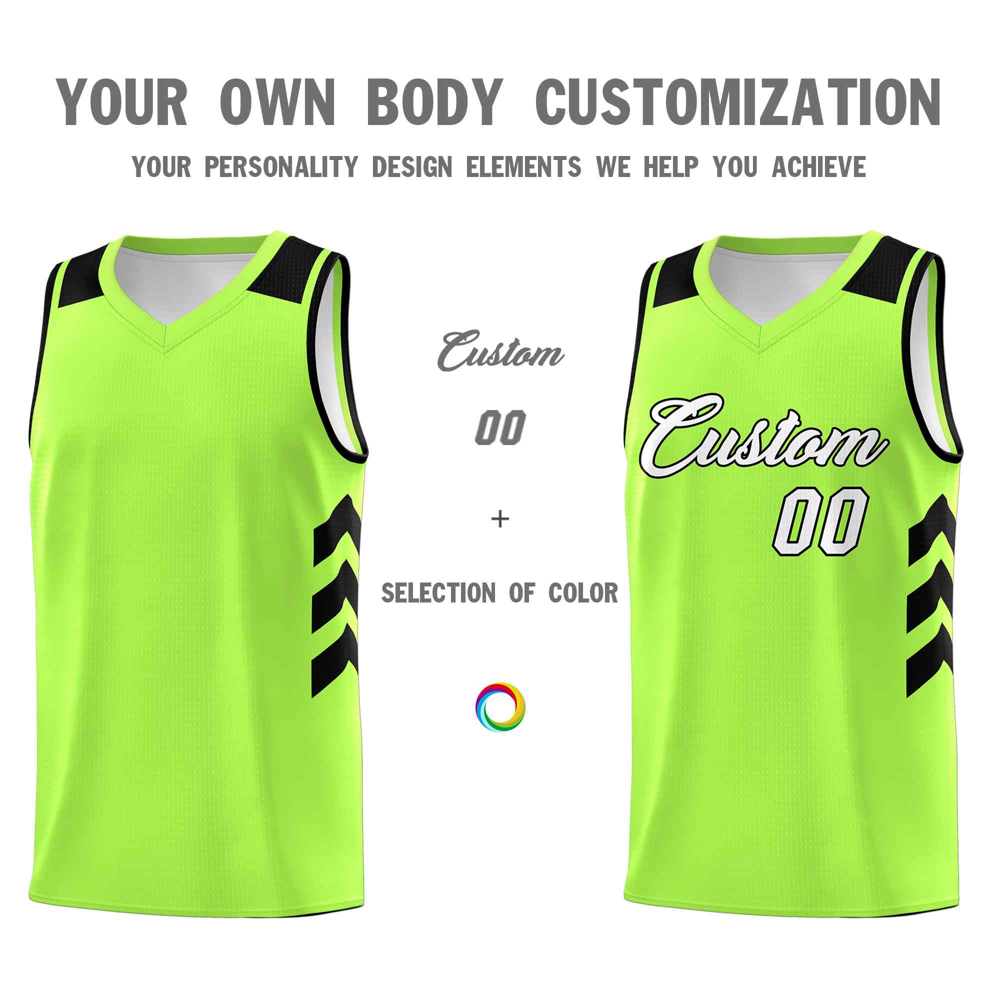 Maillot de basket-ball personnalisé vert fluo, blanc et noir, uniforme sportif classique
