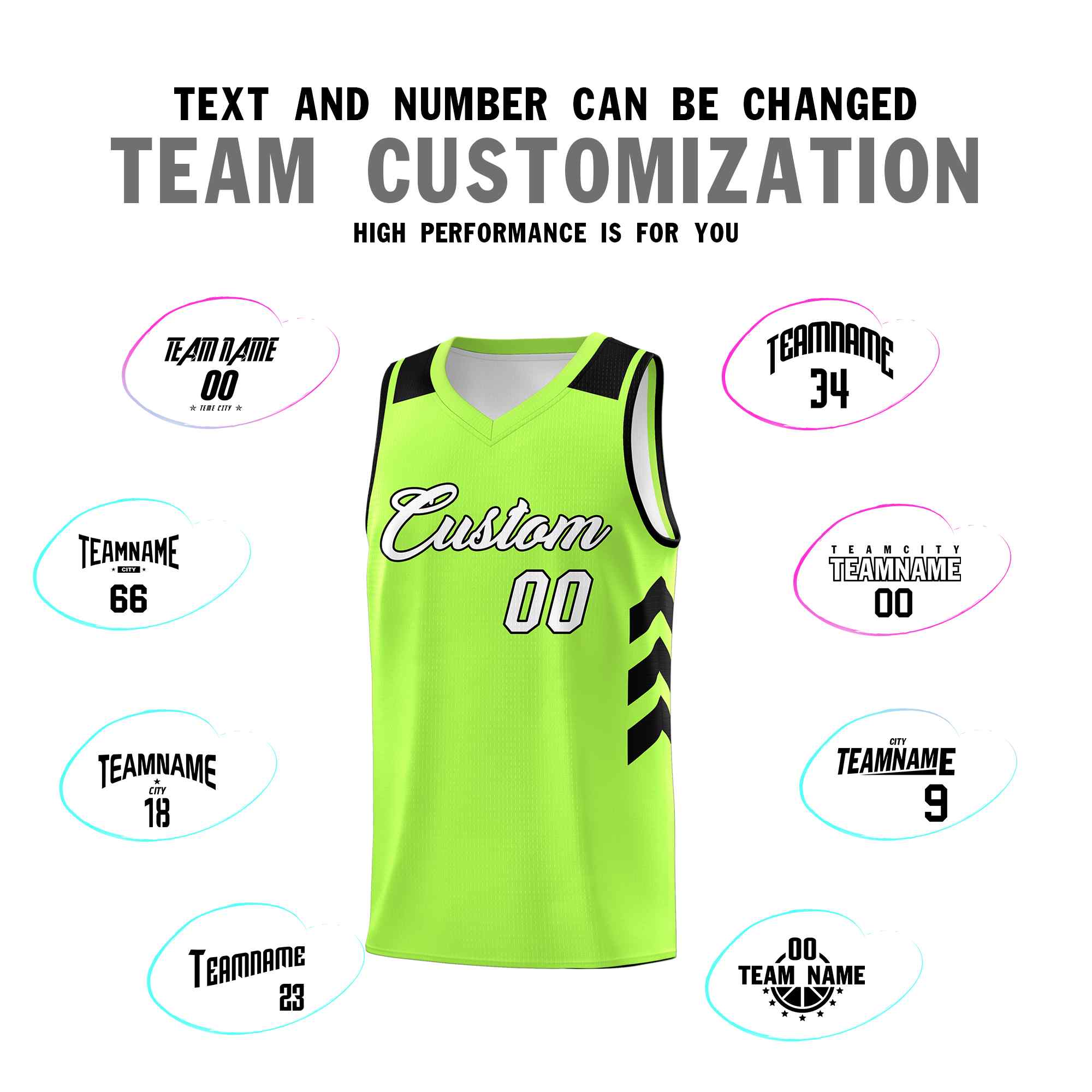 Maillot de basket-ball personnalisé vert fluo, blanc et noir, uniforme sportif classique