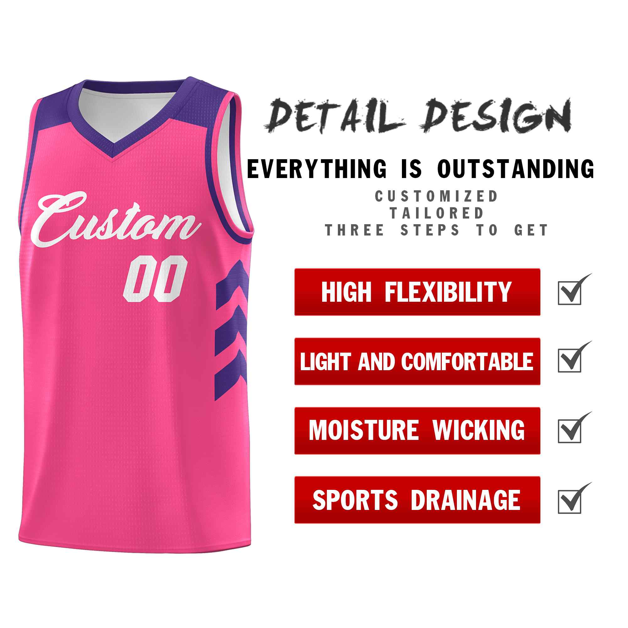 Maillot de basket-ball classique rose et blanc personnalisé