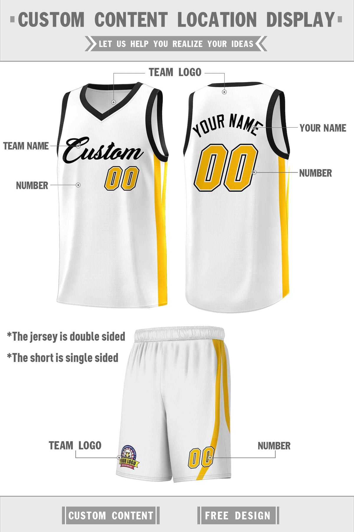 Custom White Black Classic Kits Sports Uniform Basketball Jersey