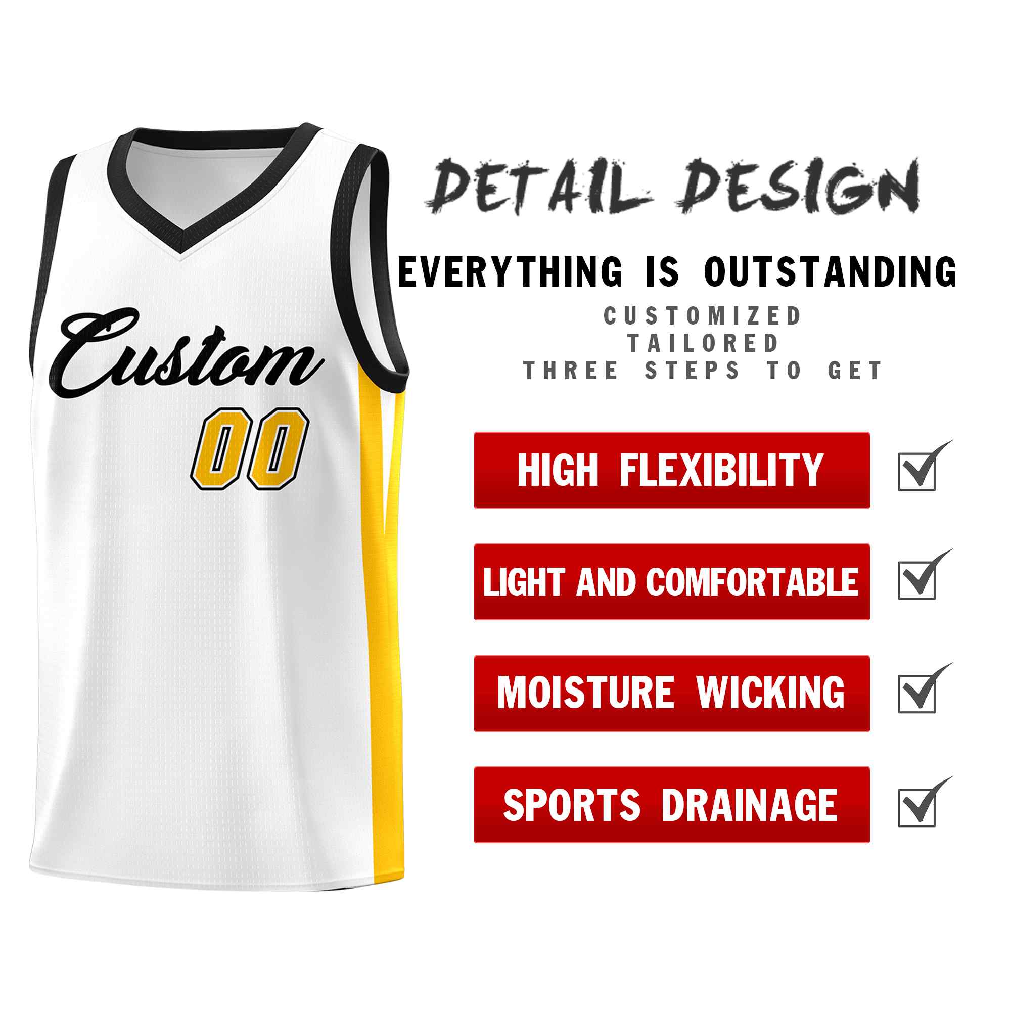Maillot de basket-ball personnalisé blanc noir classique
