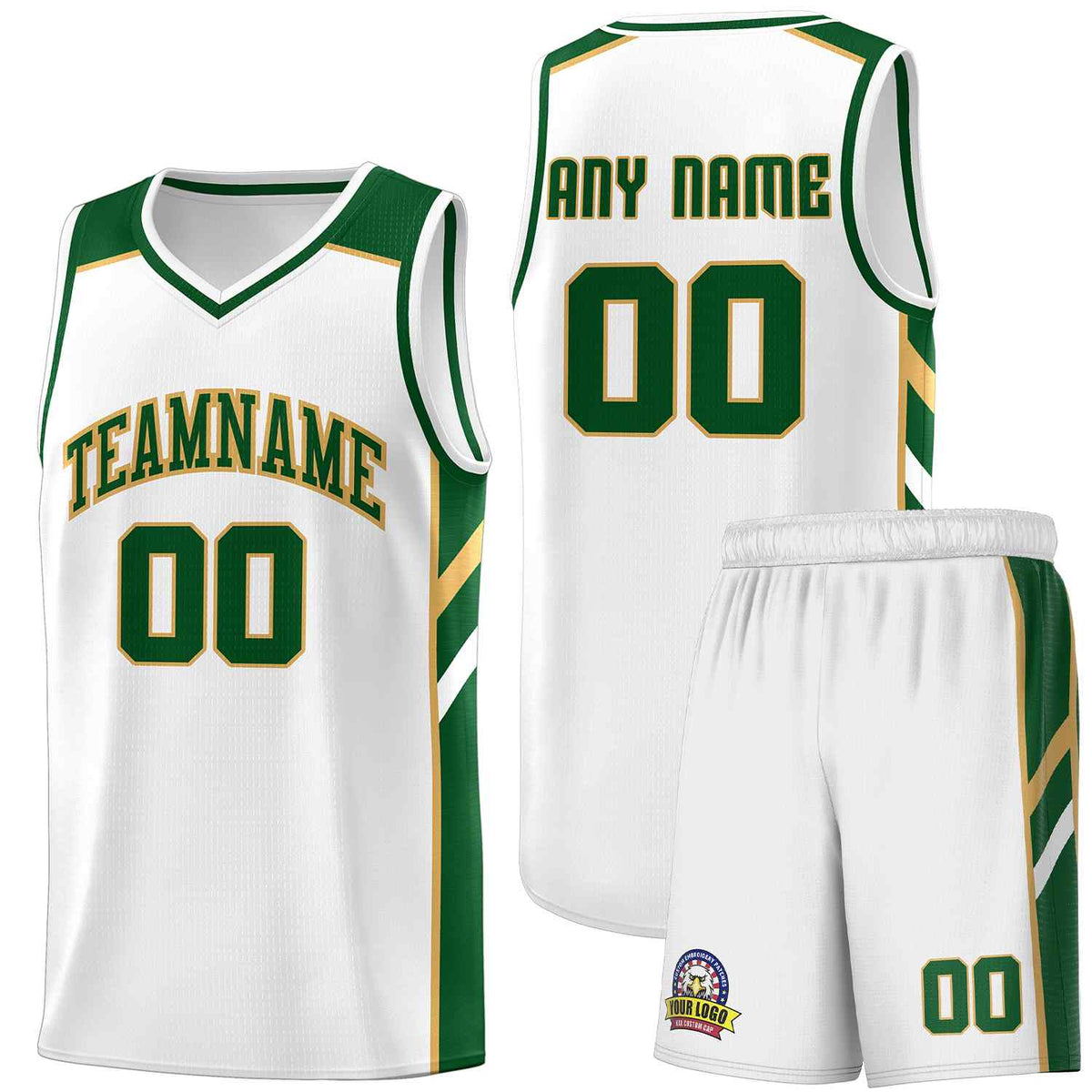 Custom White Green-Old Gold Classic Sets Sports Uniform Basketball Jersey