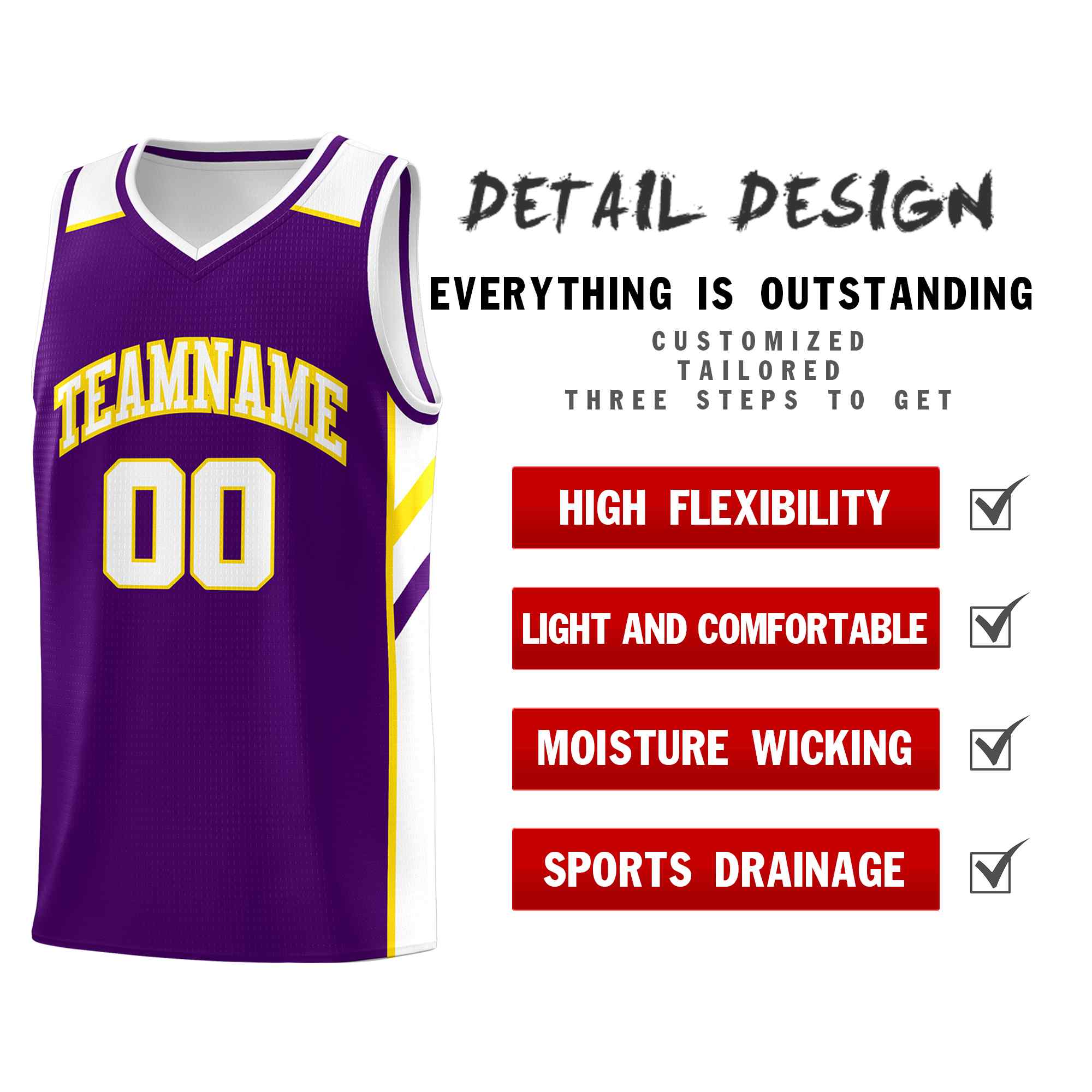 Custom Purple White-Yellow Classic Sets Sports Uniform Basketball Jersey