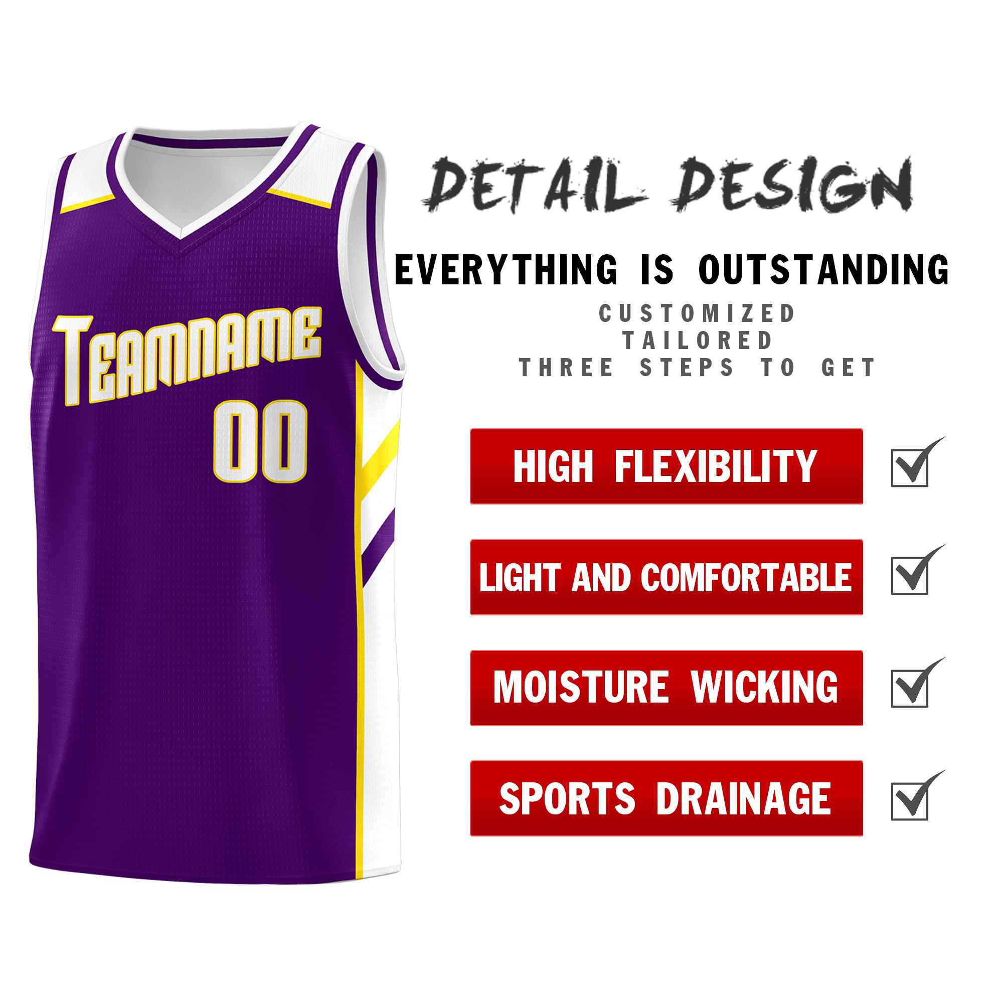Custom Purple White-Yellow Classic Sets Sports Uniform Basketball Jersey