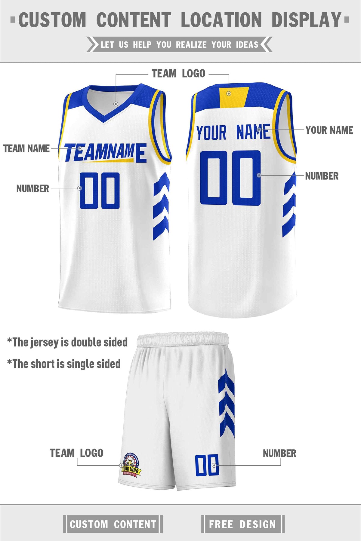 Custom White Royal Classic Kits Sports Uniform Basketball Jersey