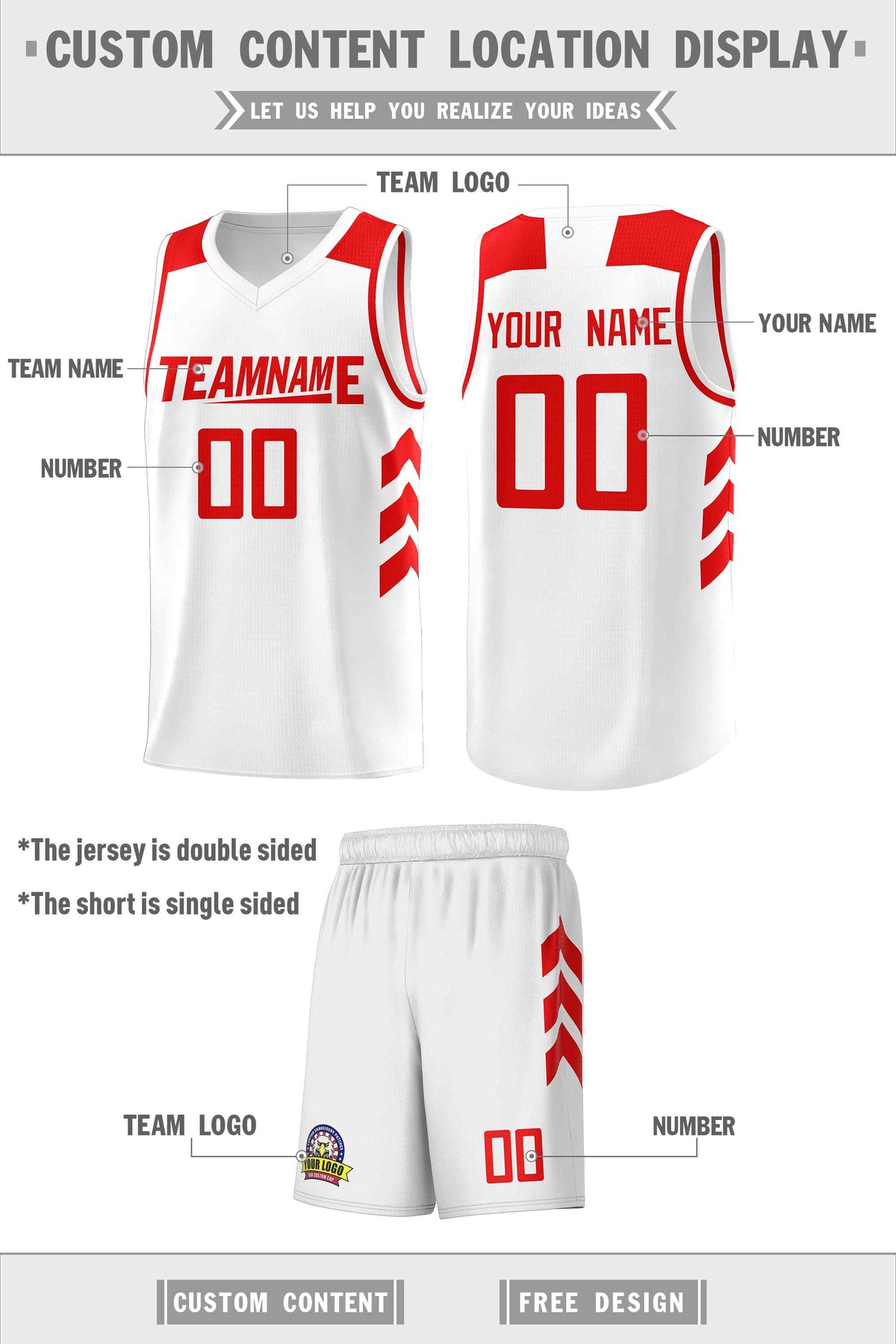 Custom White Red Classic Kits Sports Uniform Basketball Jersey