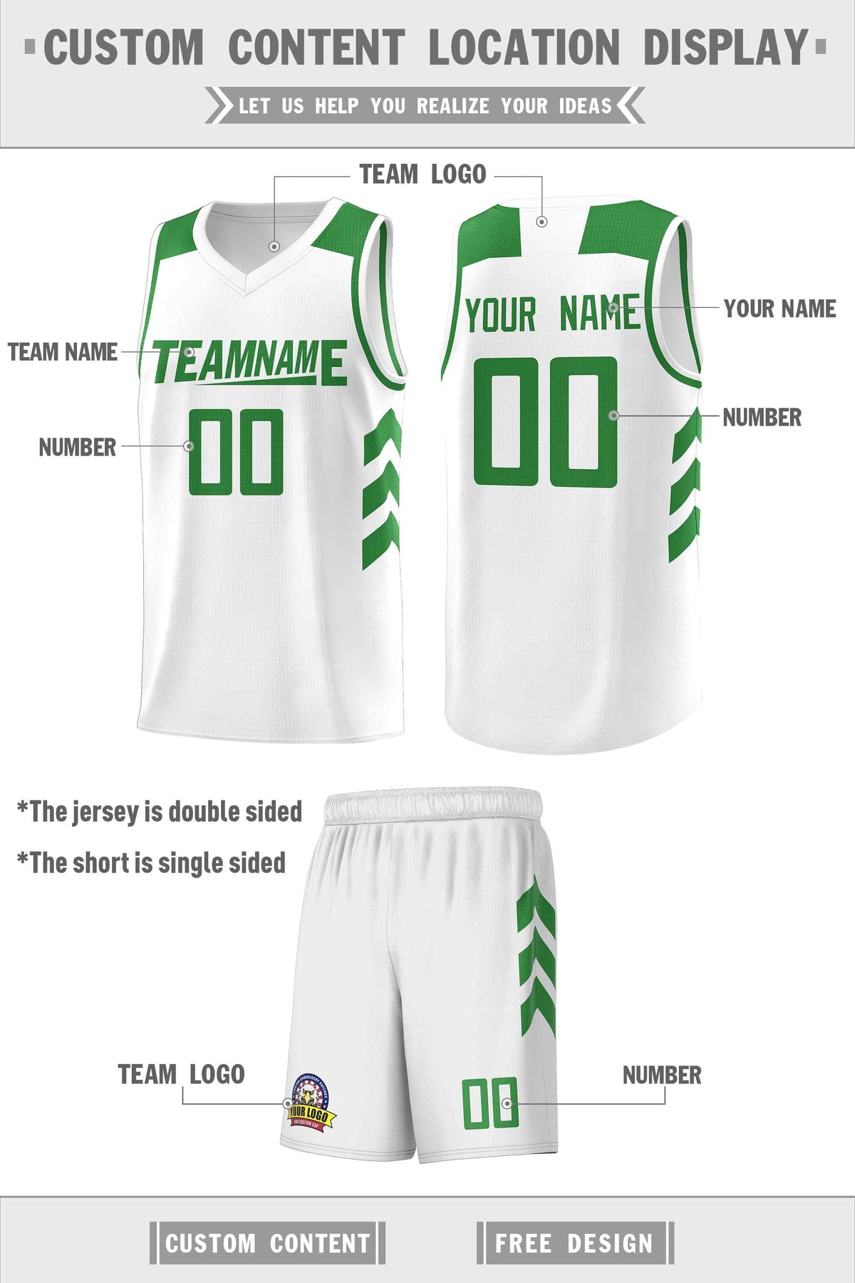 Custom White Green Classic Kits Sports Uniform Basketball Jersey