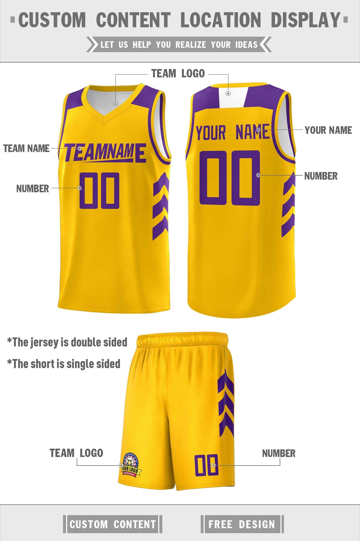 Custom Yellow Purple Classic Kits Sports Uniform Basketball Jersey