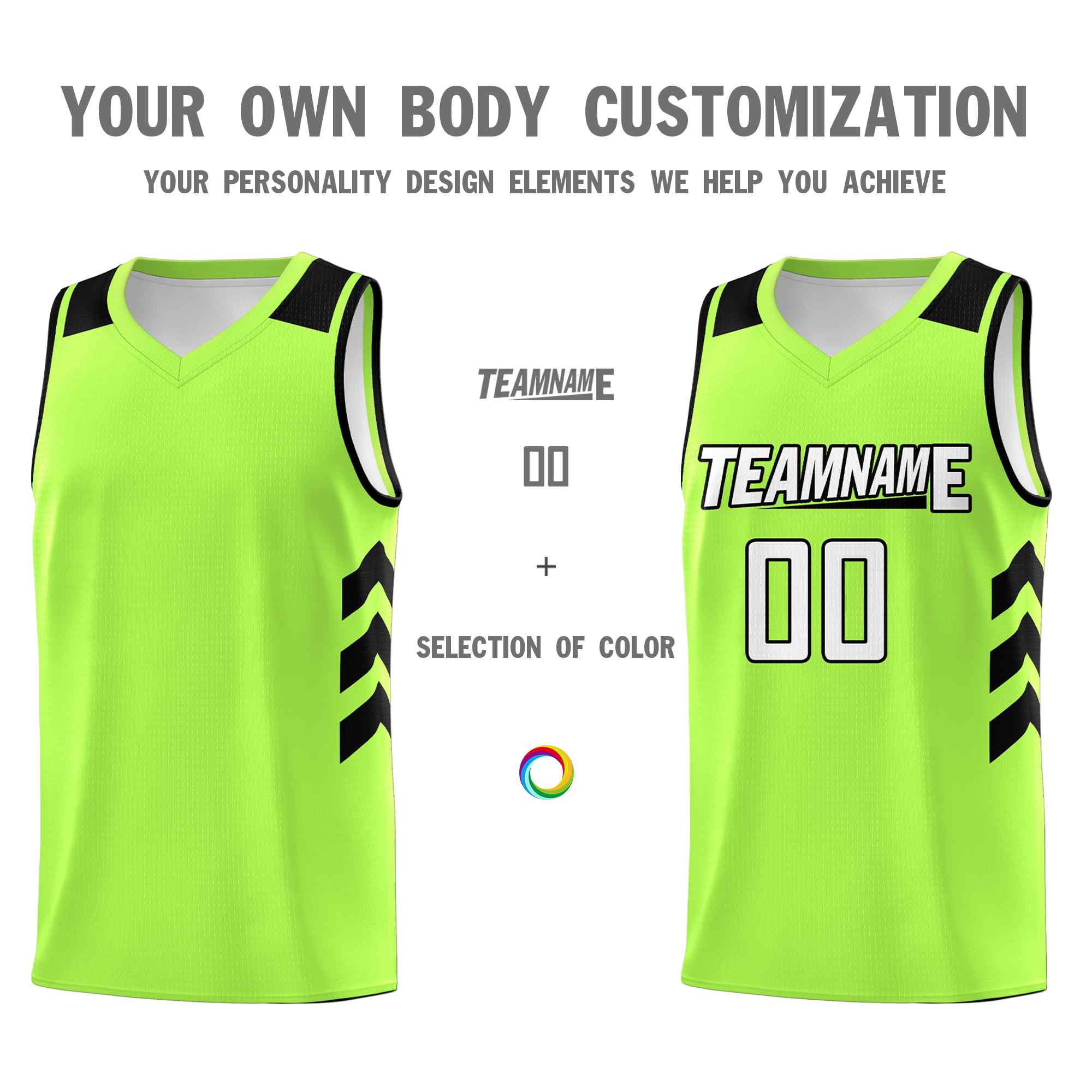 Maillot de basket-ball personnalisé vert fluo, blanc et noir, uniforme sportif classique