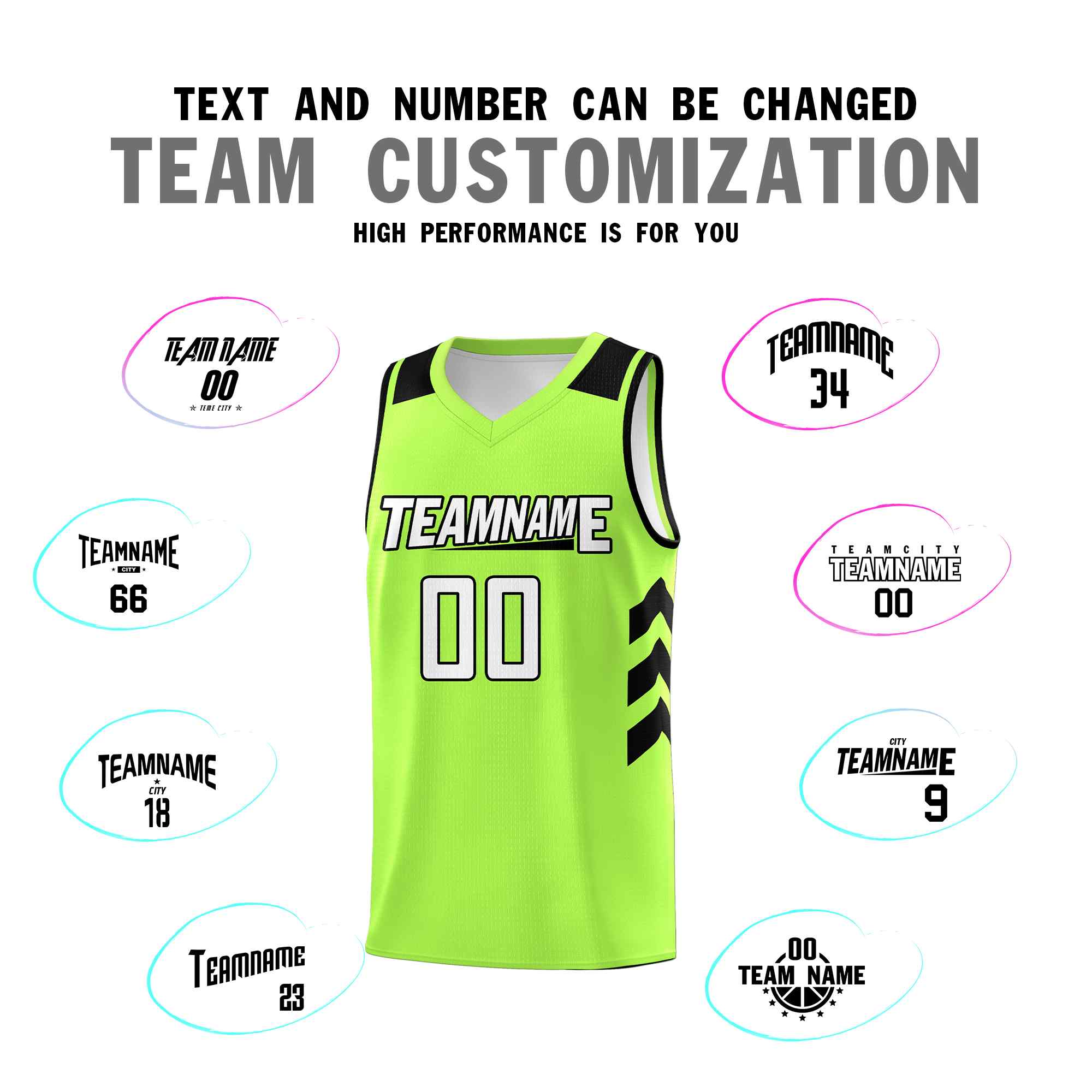 Maillot de basket-ball personnalisé vert fluo, blanc et noir, uniforme sportif classique