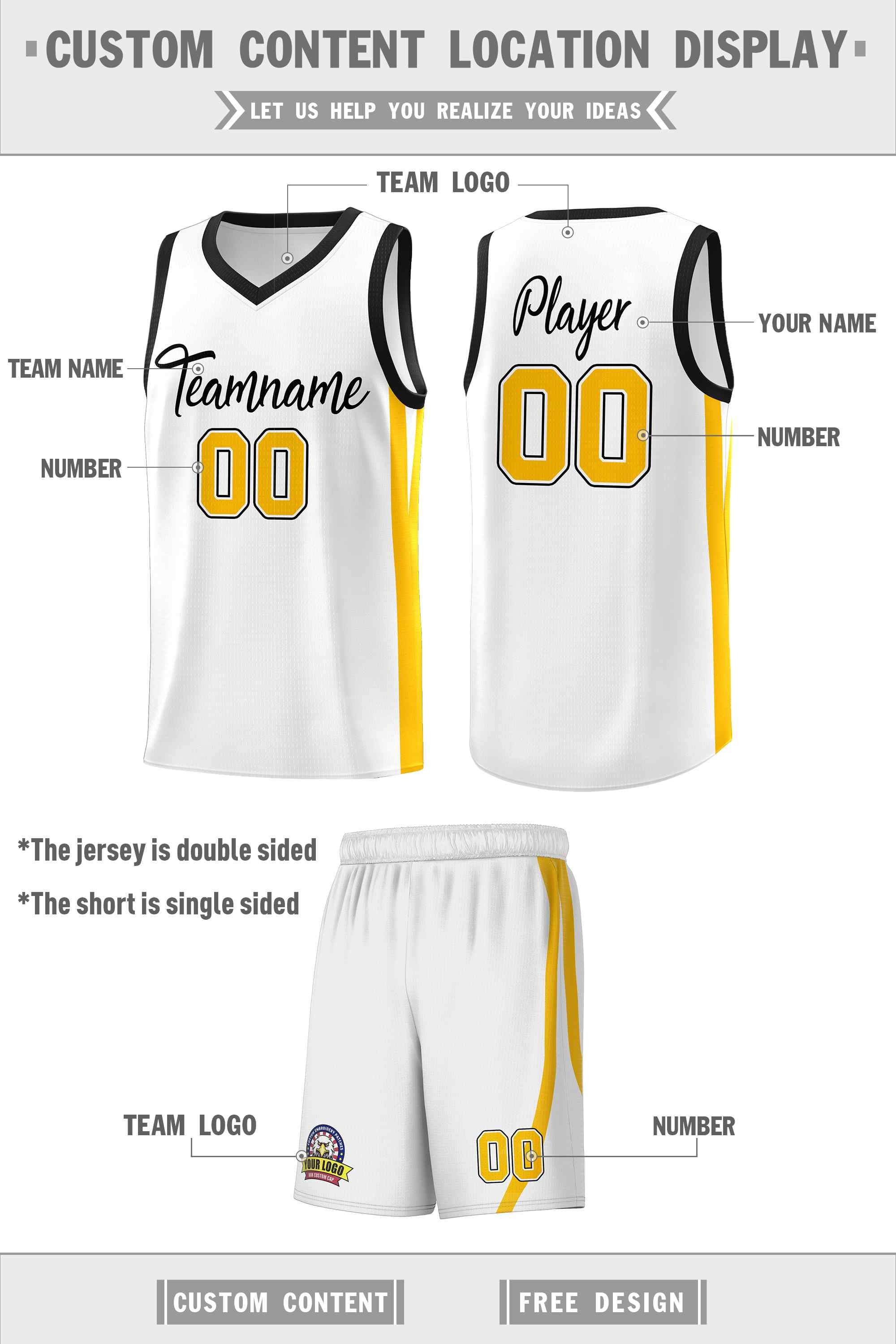Maillot de basket-ball personnalisé blanc noir classique