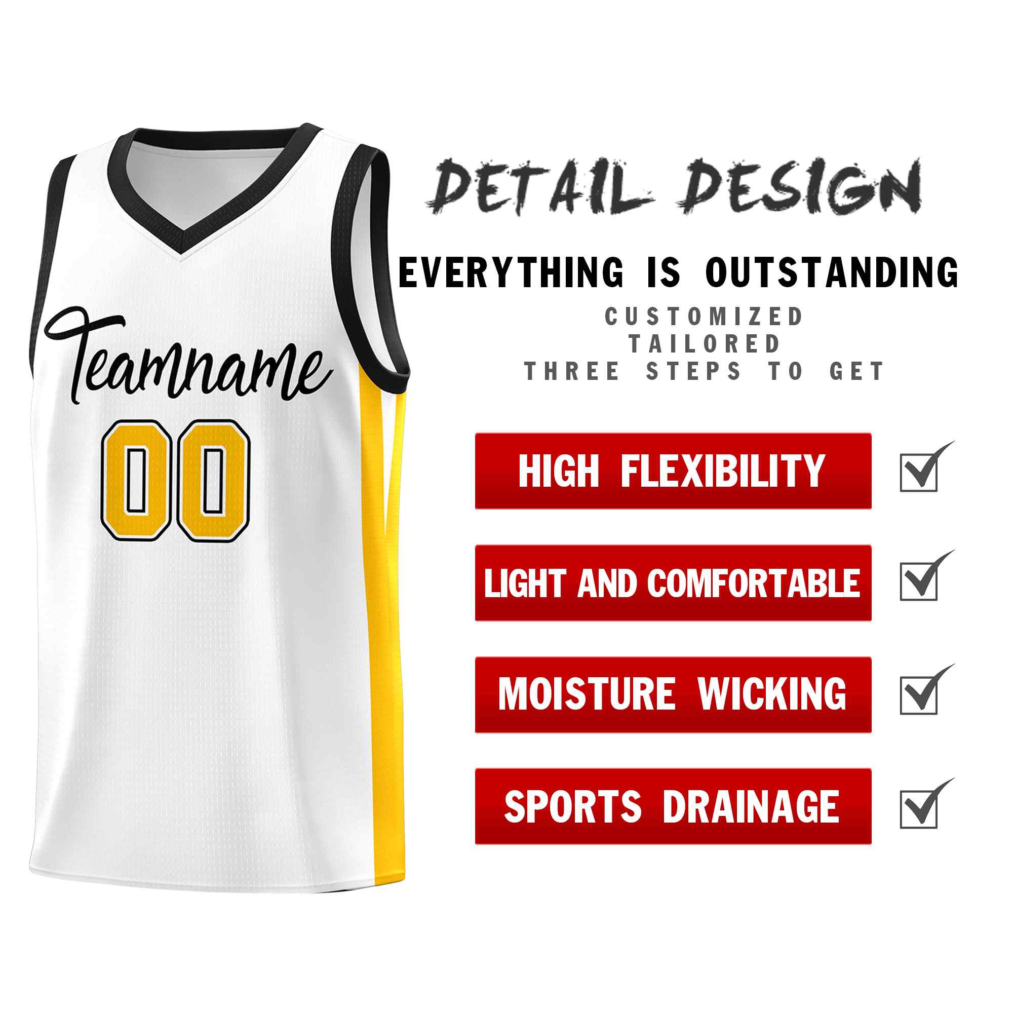 Maillot de basket-ball personnalisé blanc noir classique