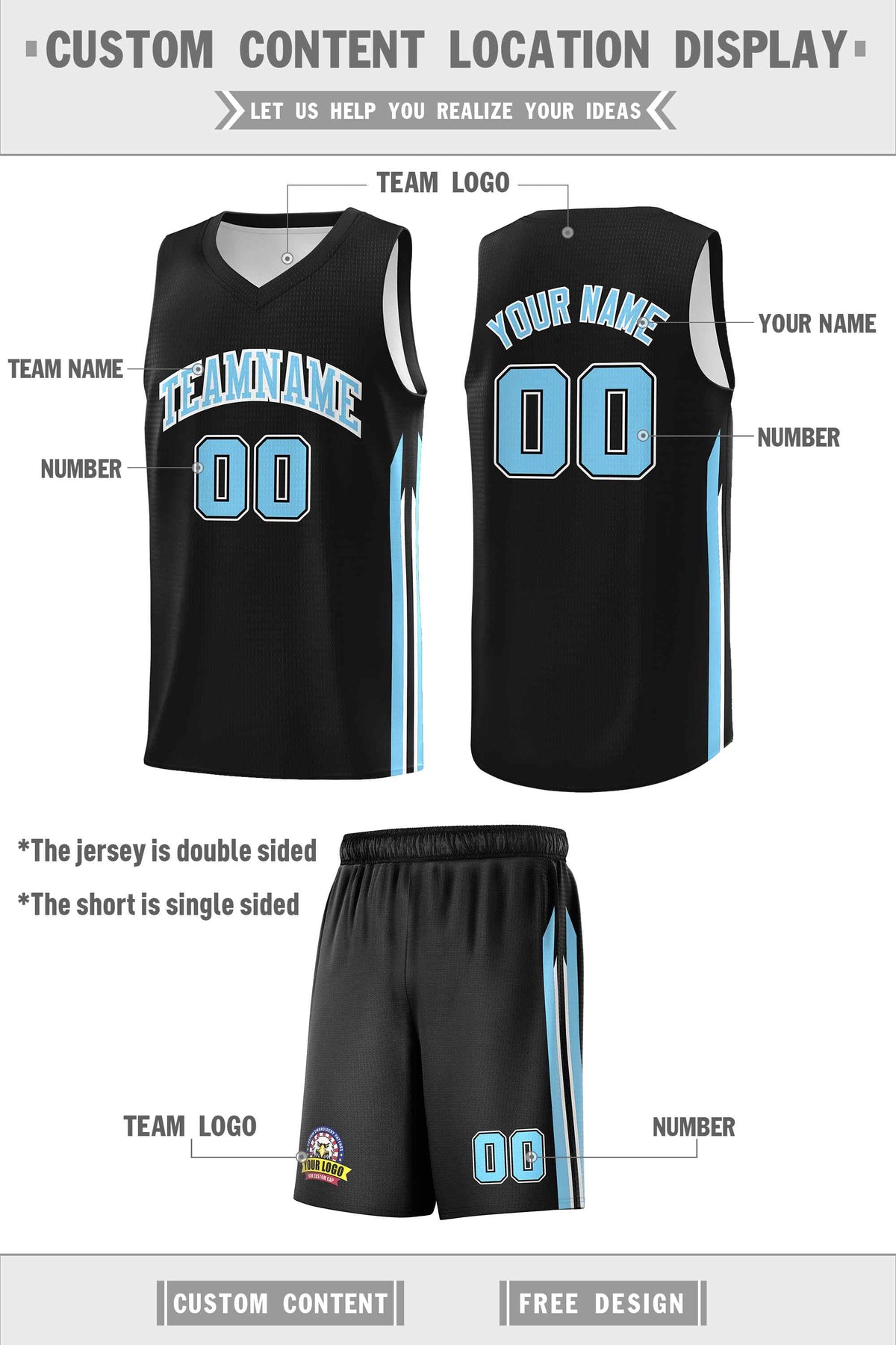 Custom Black Light Blue-White Classic Sets Sports Uniform Basketball Jersey