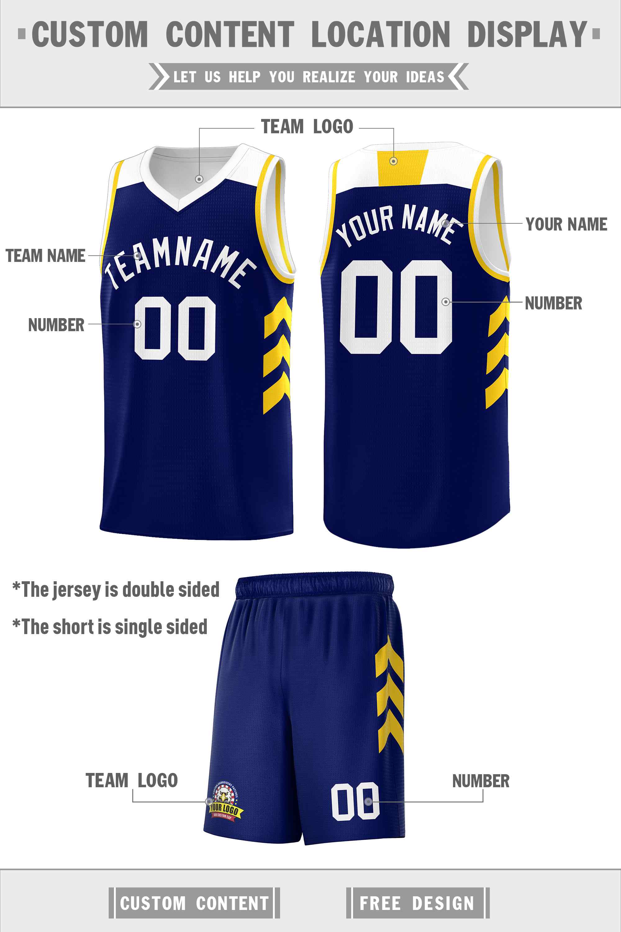 Maillot de basket-ball classique bleu marine et blanc personnalisé