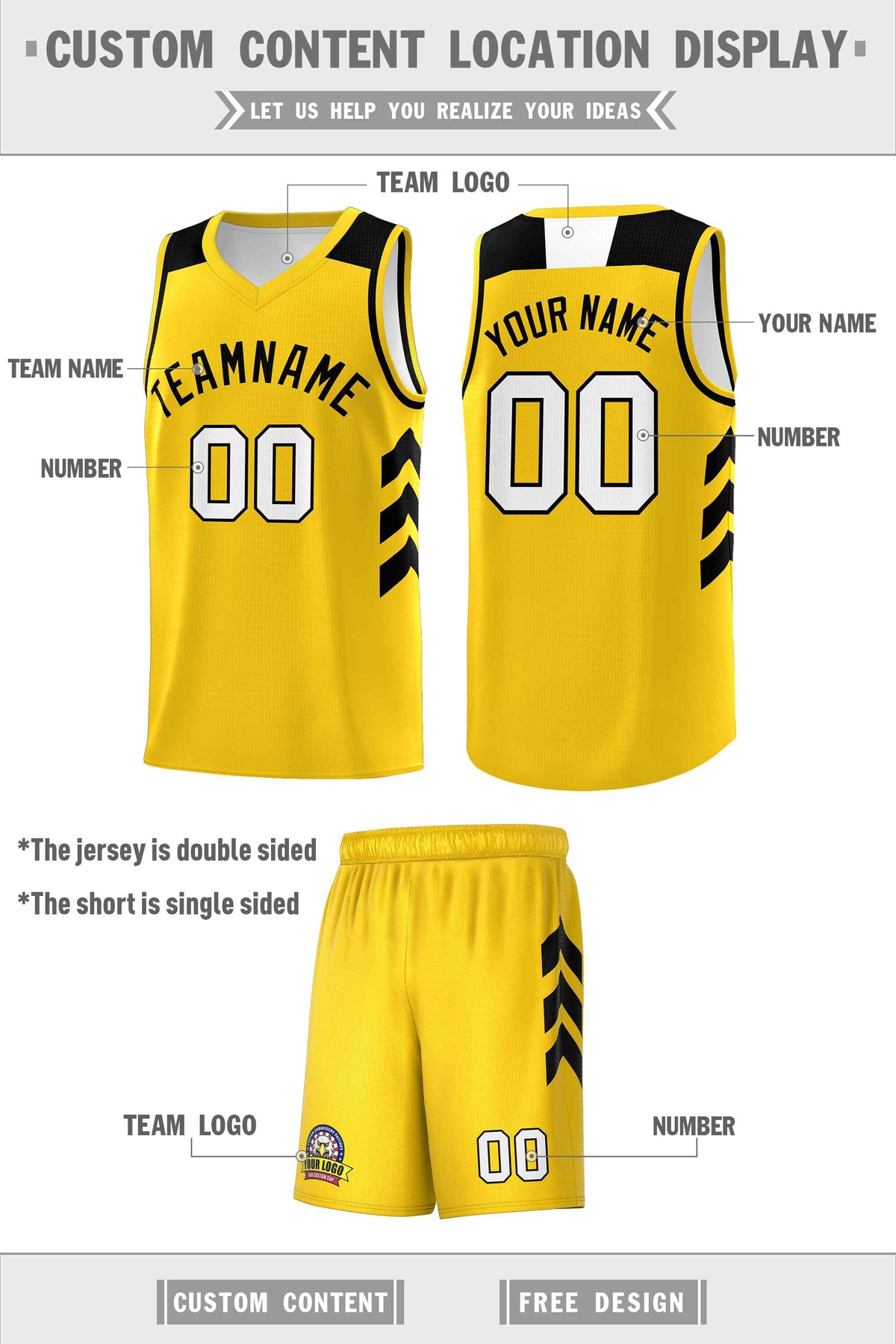 Custom Yellow Black Classic Kits Sports Uniform Basketball Jersey