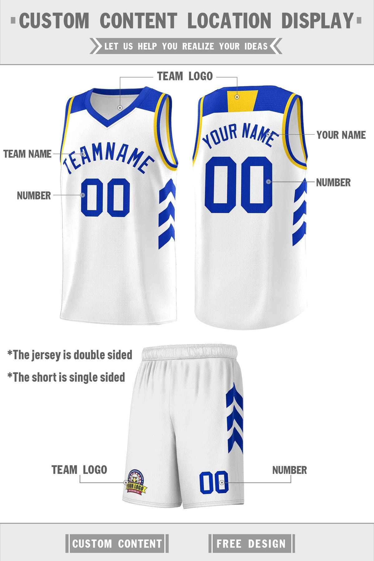 Custom White Royal Classic Kits Sports Uniform Basketball Jersey
