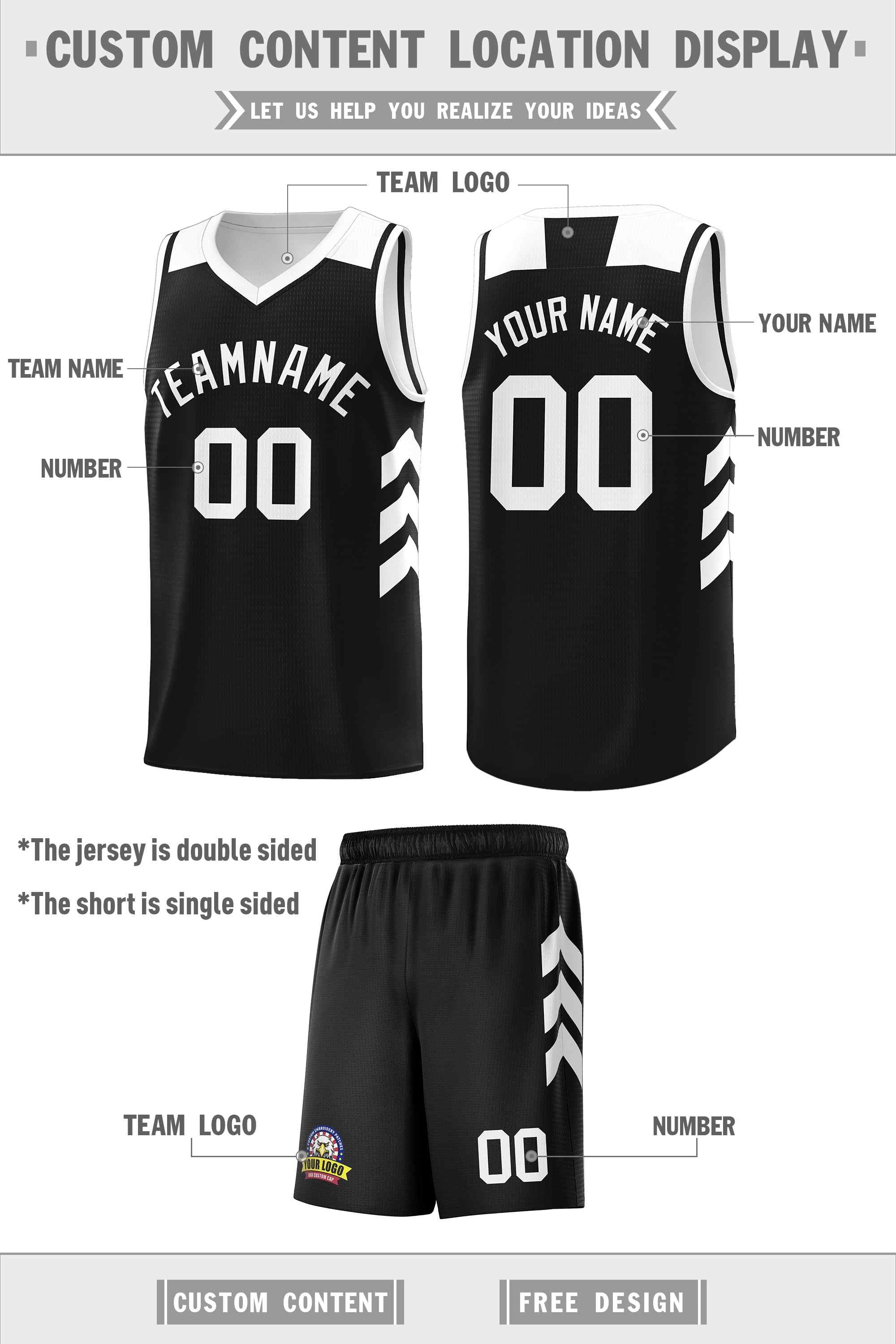 Maillot de basket-ball classique noir et blanc personnalisé