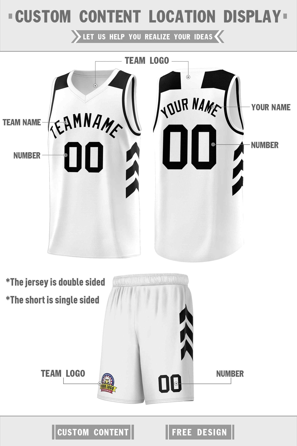 Custom White Black Classic Kits Sports Uniform Basketball Jersey