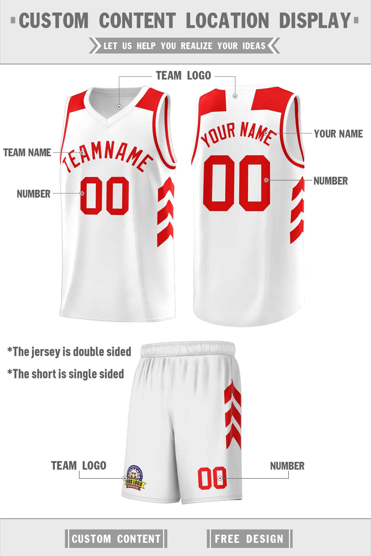 Custom White Red Classic Kits Sports Uniform Basketball Jersey