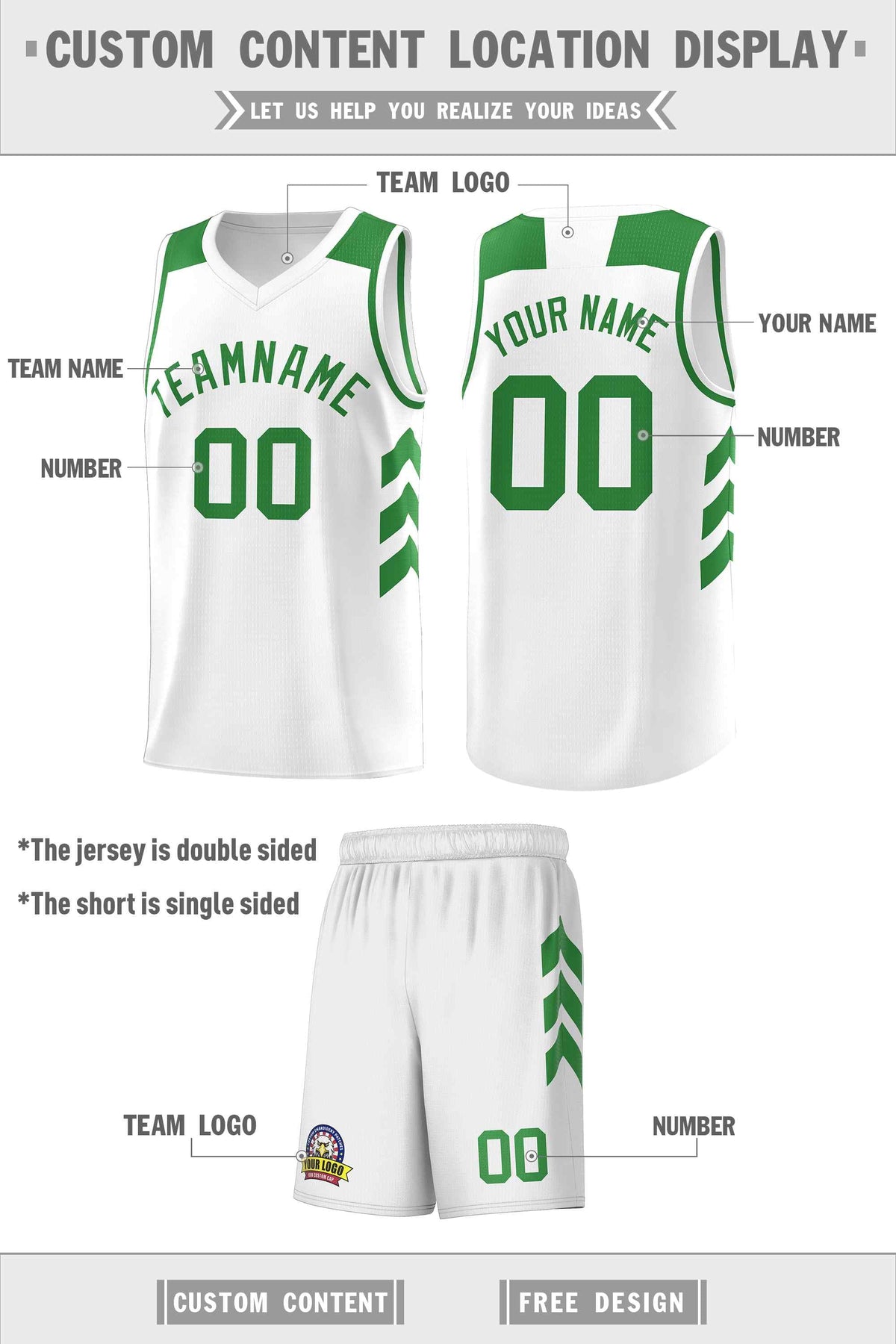 Custom White Green Classic Kits Sports Uniform Basketball Jersey