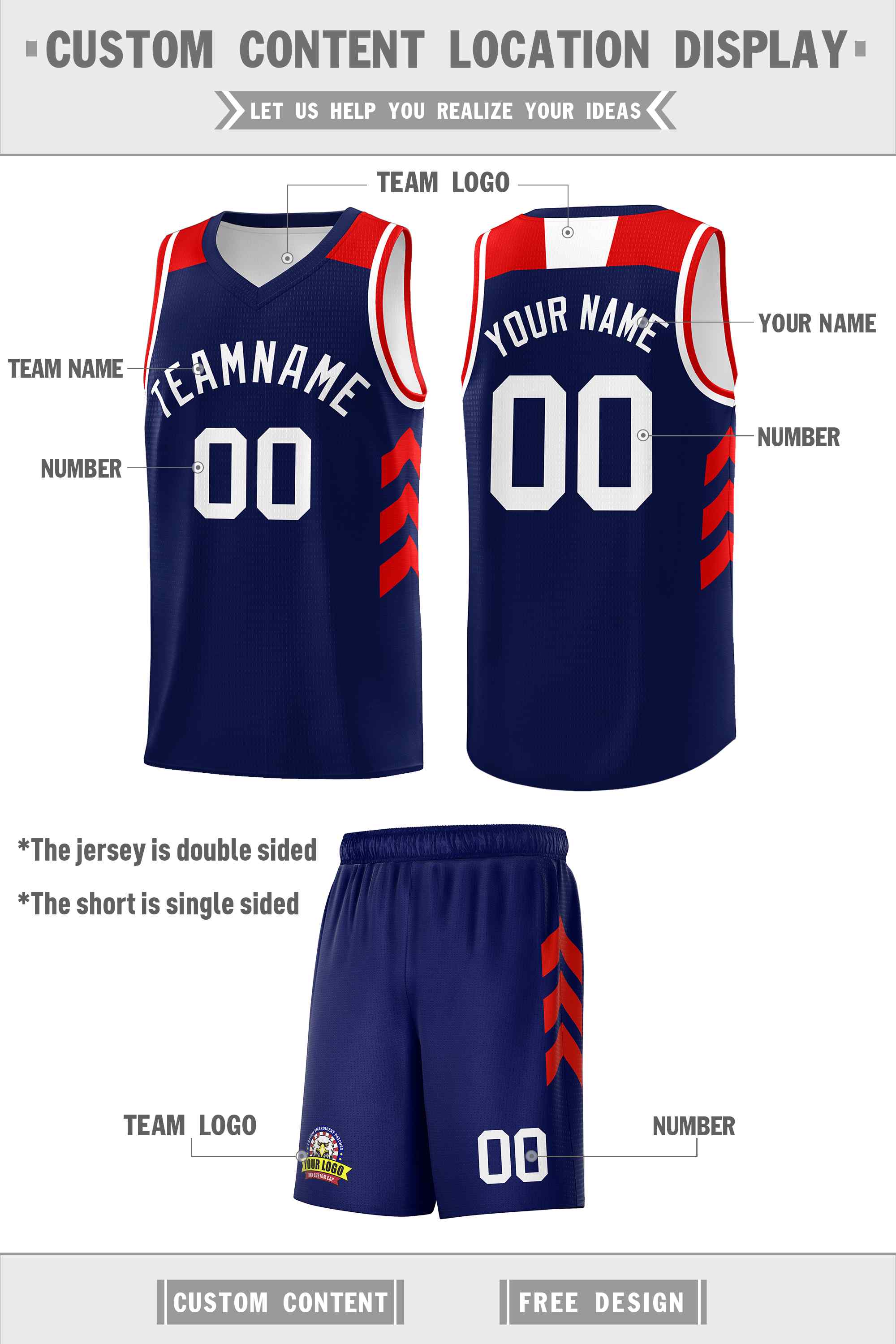 Maillot de basket-ball classique bleu marine et blanc personnalisé