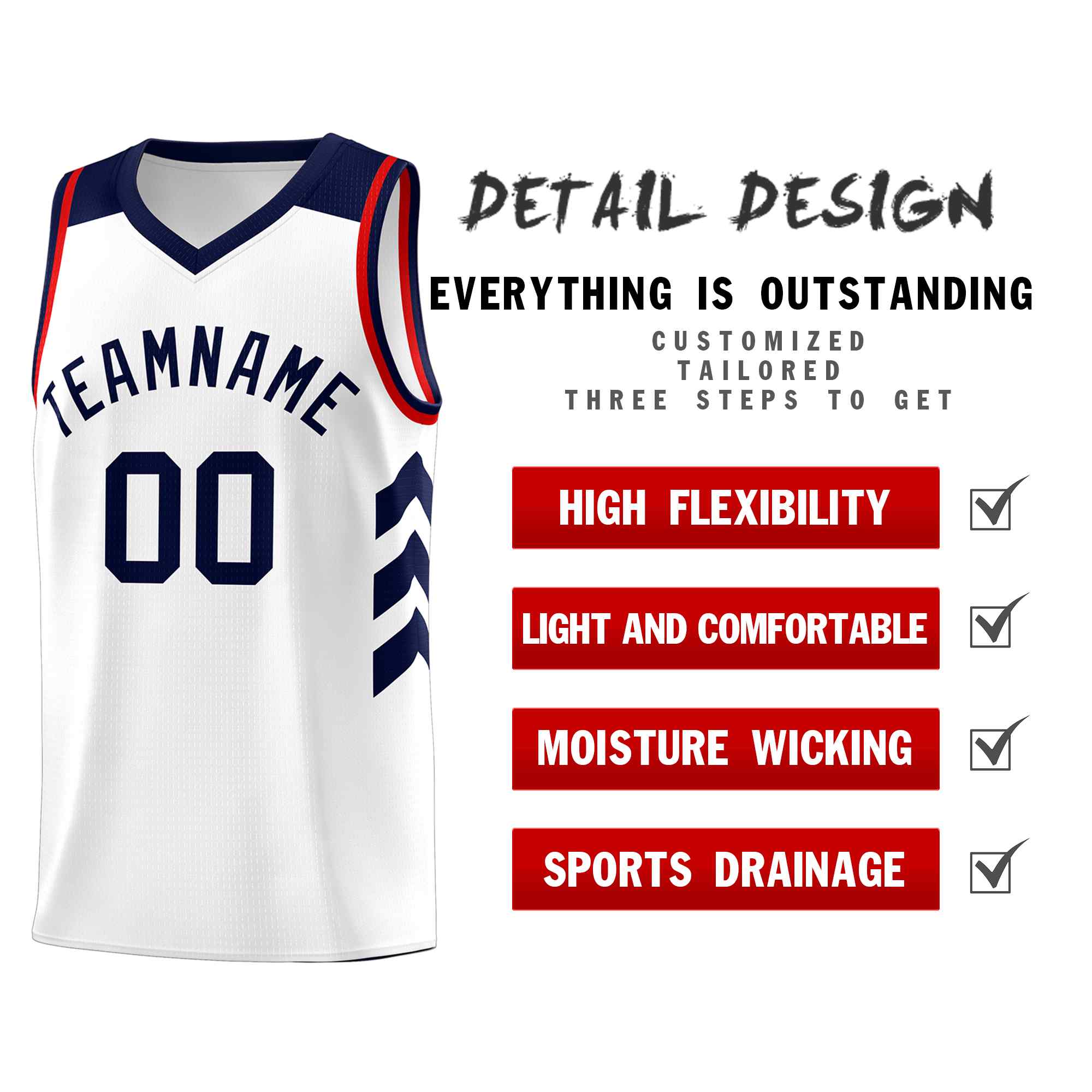 Maillot de basket-ball personnalisé blanc bleu marine classique