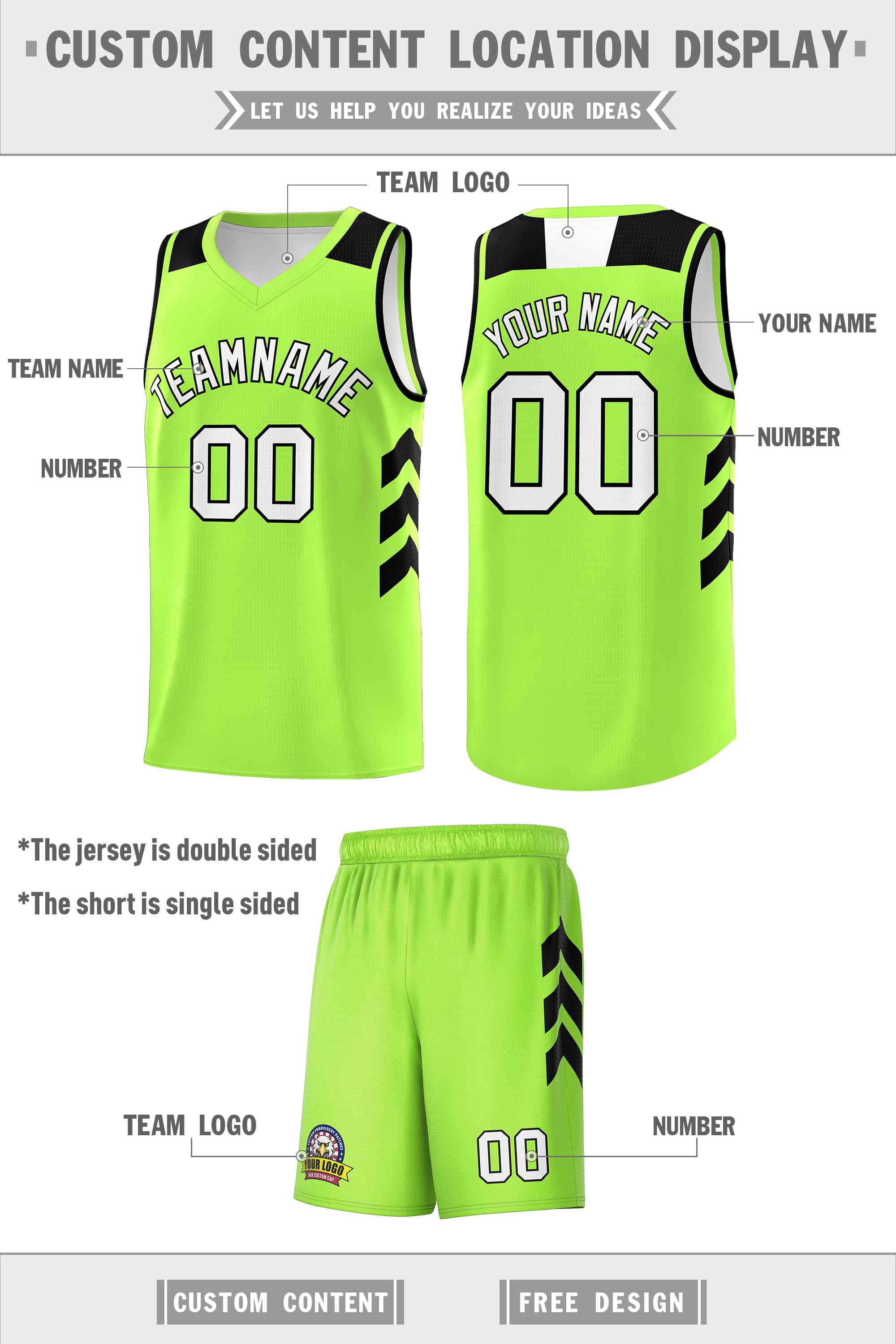 Maillot de basket-ball personnalisé vert fluo, blanc et noir, uniforme sportif classique