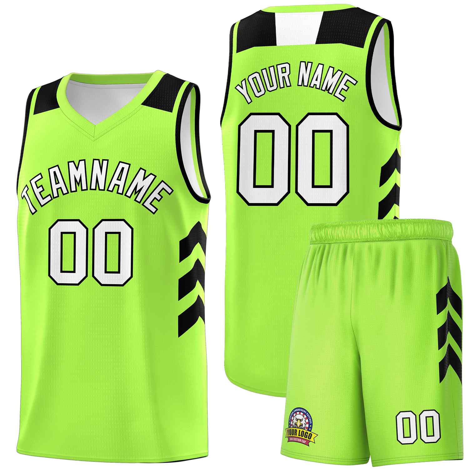 Maillot de basket-ball personnalisé vert fluo, blanc et noir, uniforme sportif classique