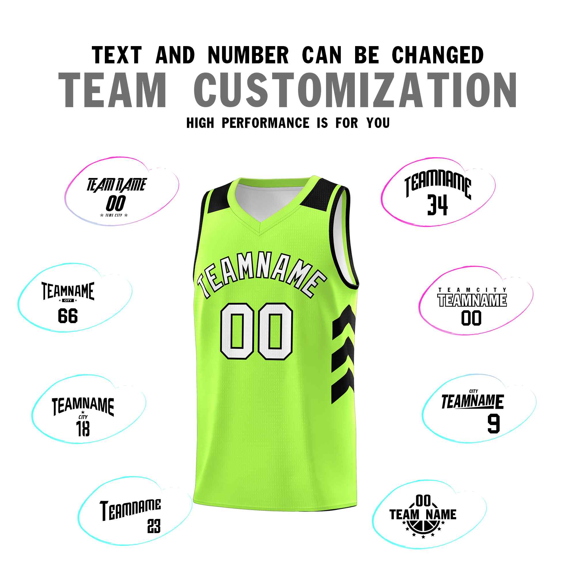 Maillot de basket-ball personnalisé vert fluo, blanc et noir, uniforme sportif classique