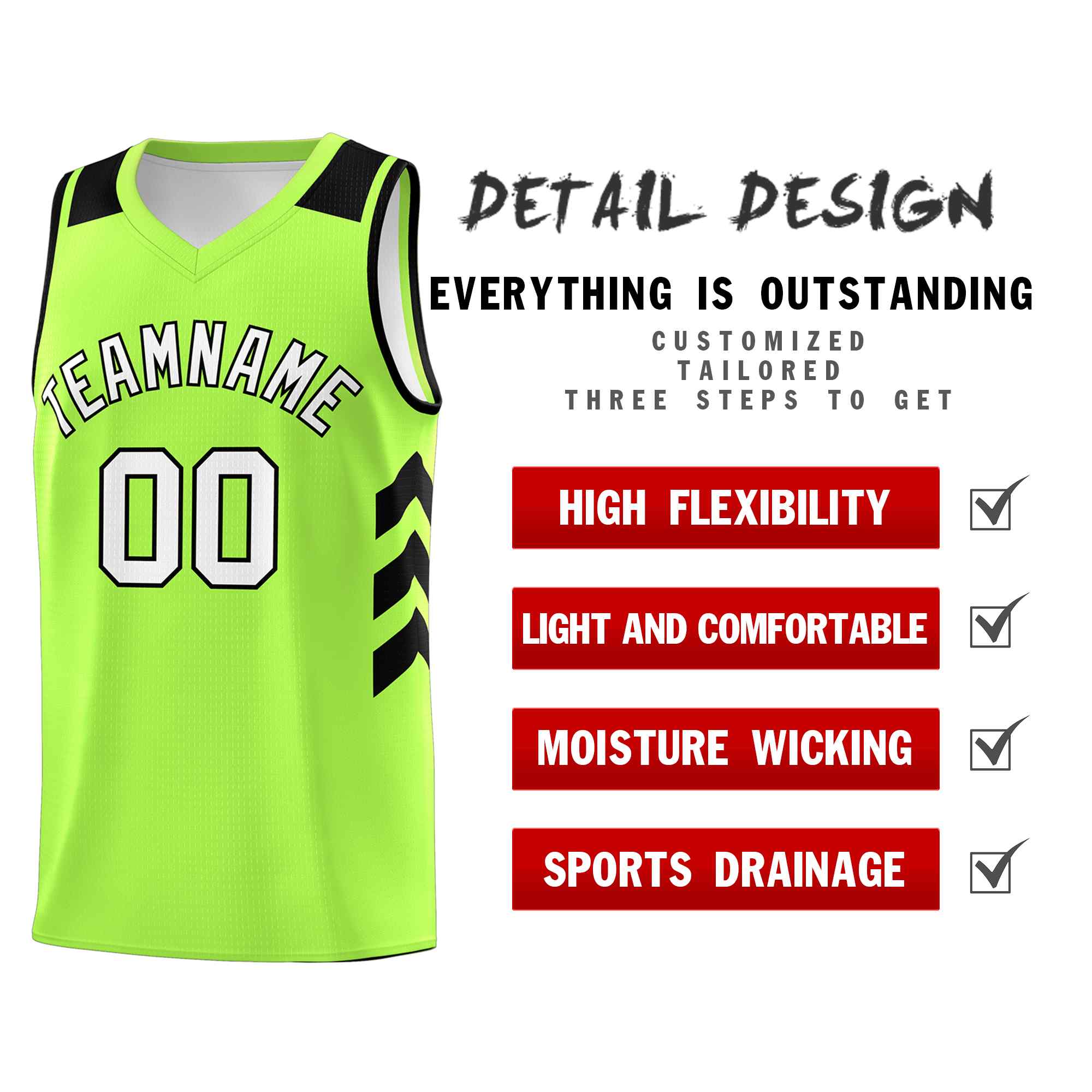 Maillot de basket-ball personnalisé vert fluo, blanc et noir, uniforme sportif classique