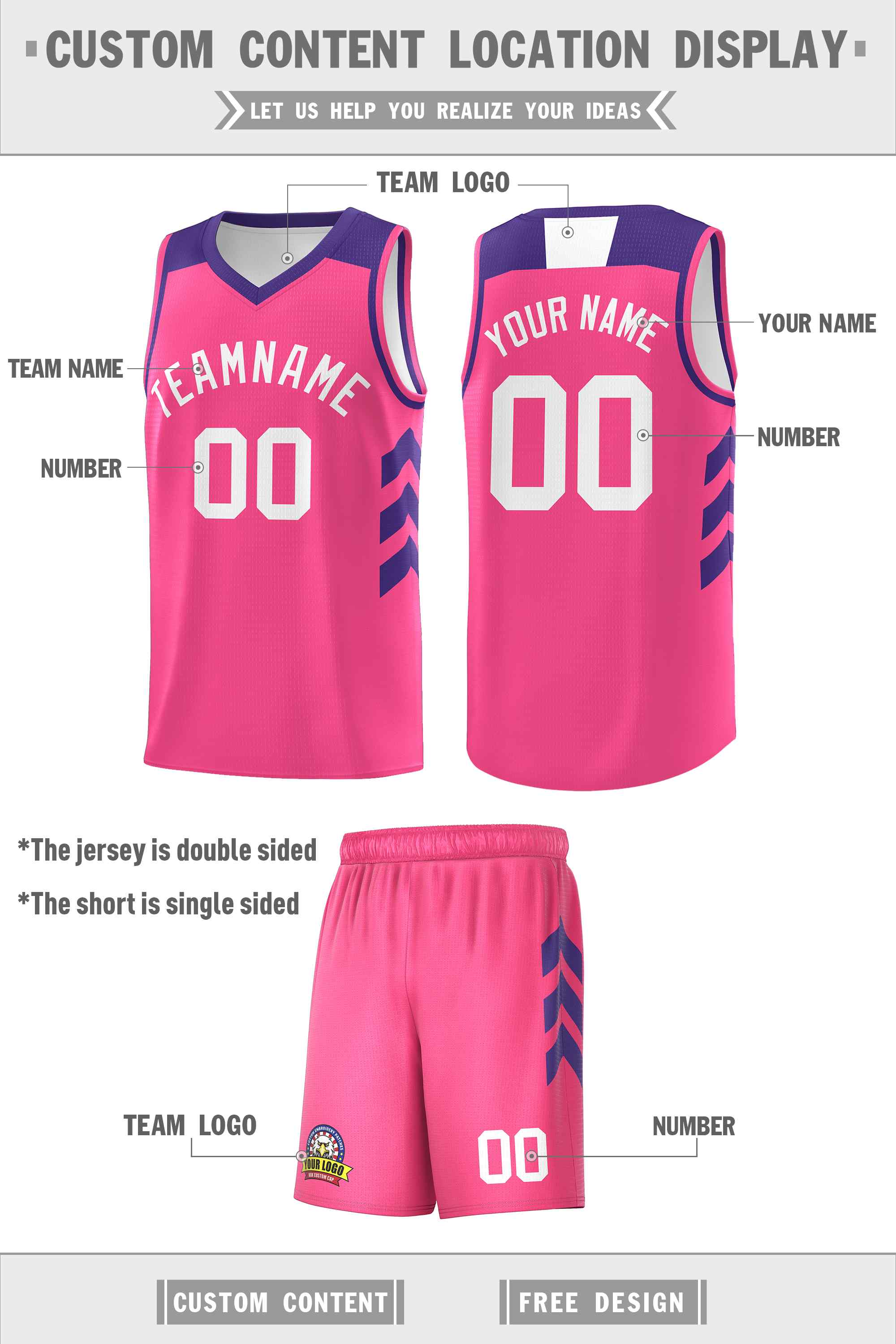 Maillot de basket-ball classique rose et blanc personnalisé