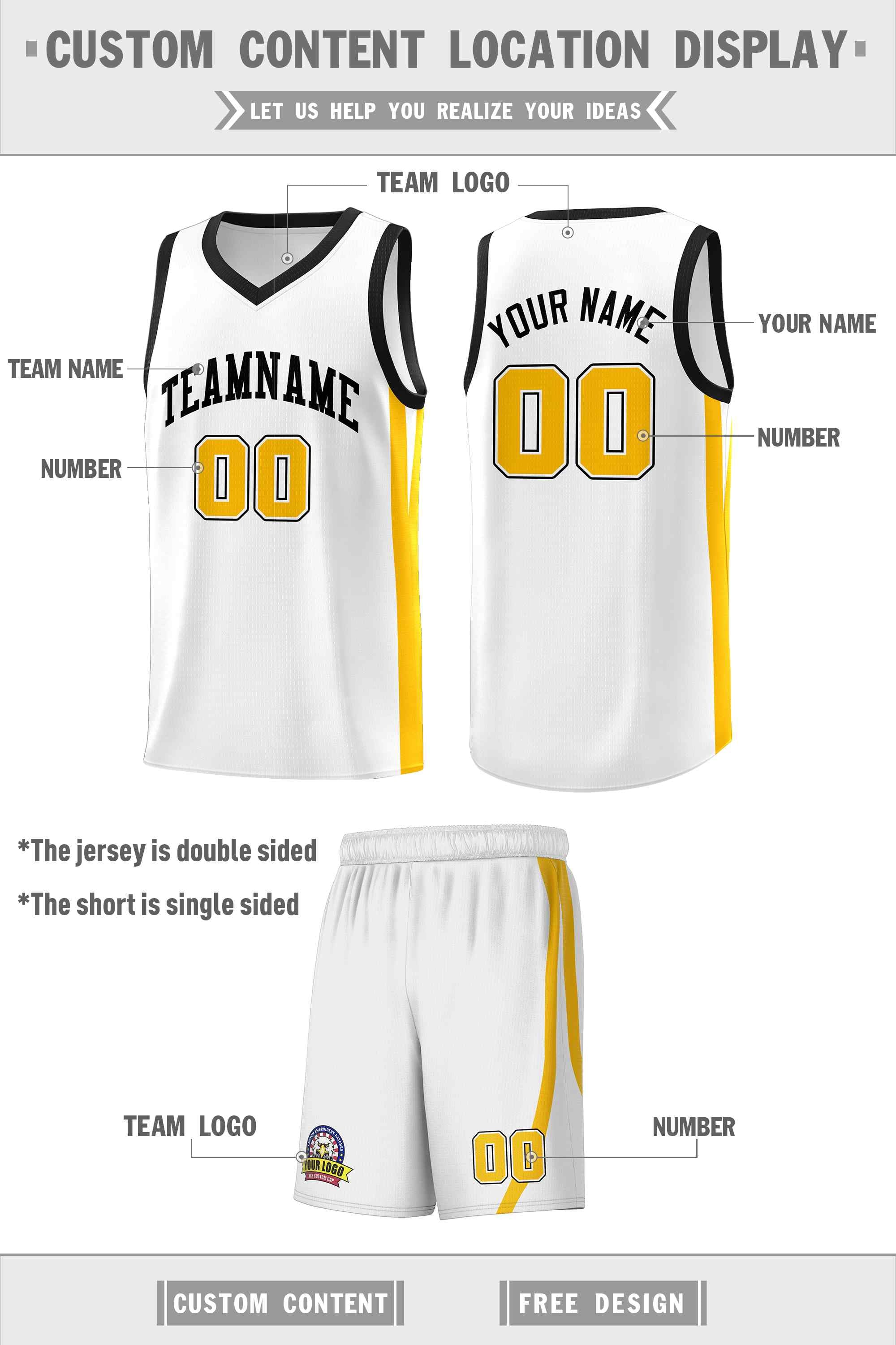 Maillot de basket-ball personnalisé blanc noir classique