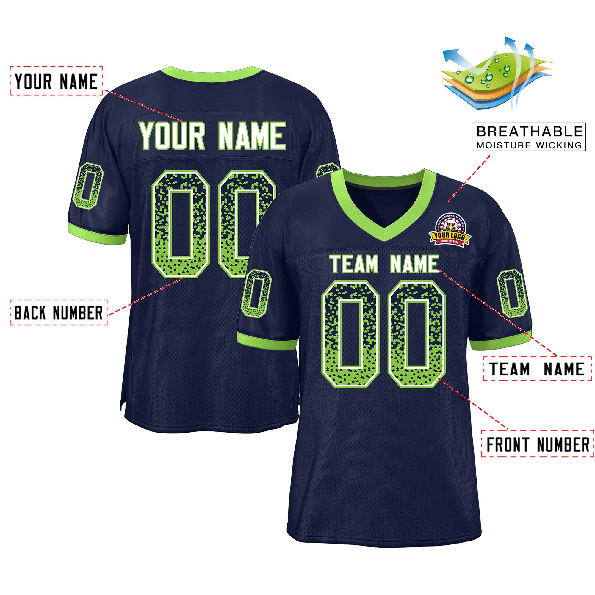 Custom Navy Neon Green-White Drift Fashion Mesh Authentic American Football Jersey| KXKSHOP