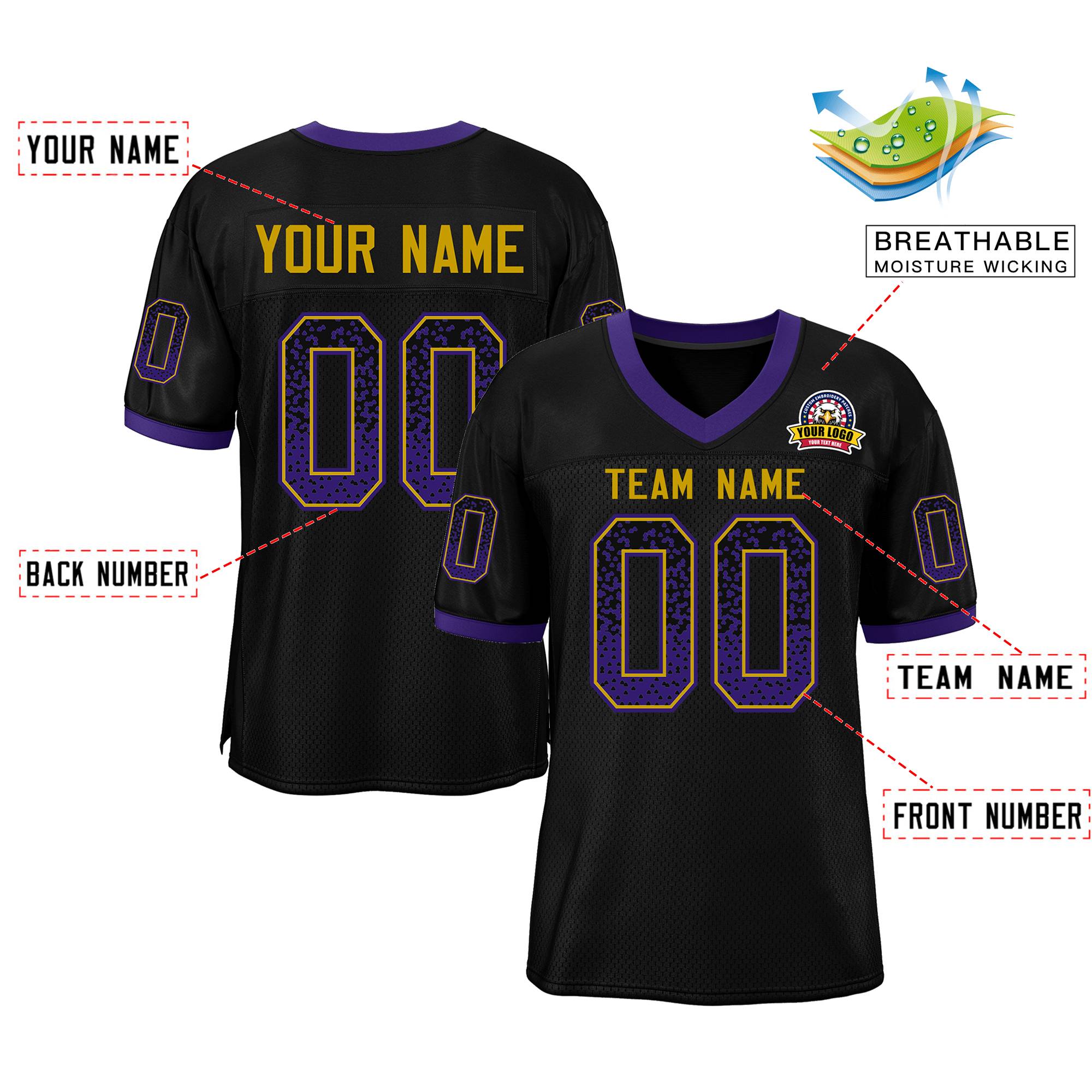 Custom Black Gold-Purple Drift Fashion Mesh Authentic American Football Jersey| KXKSHOP